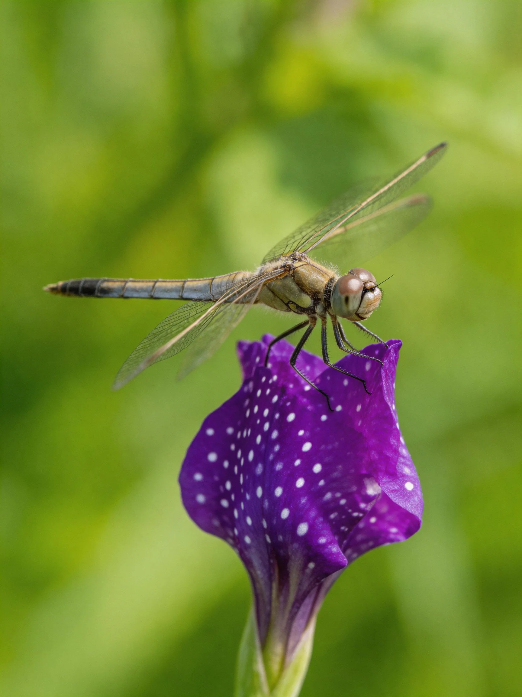 A dragonfly perches on a spotted purple flower