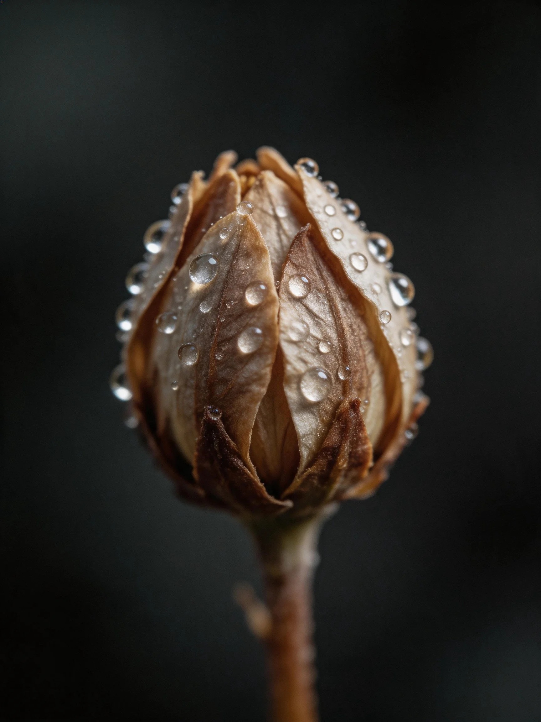 A dried brown flower bud with clear water droplets