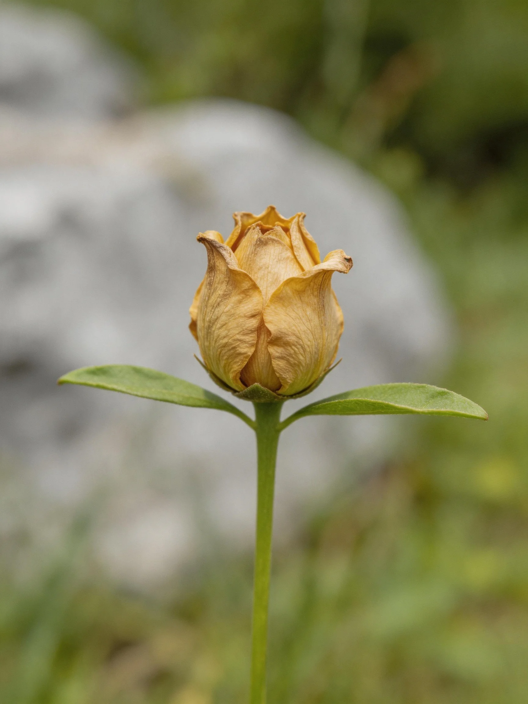 A dried golden rosebud with two green leaves