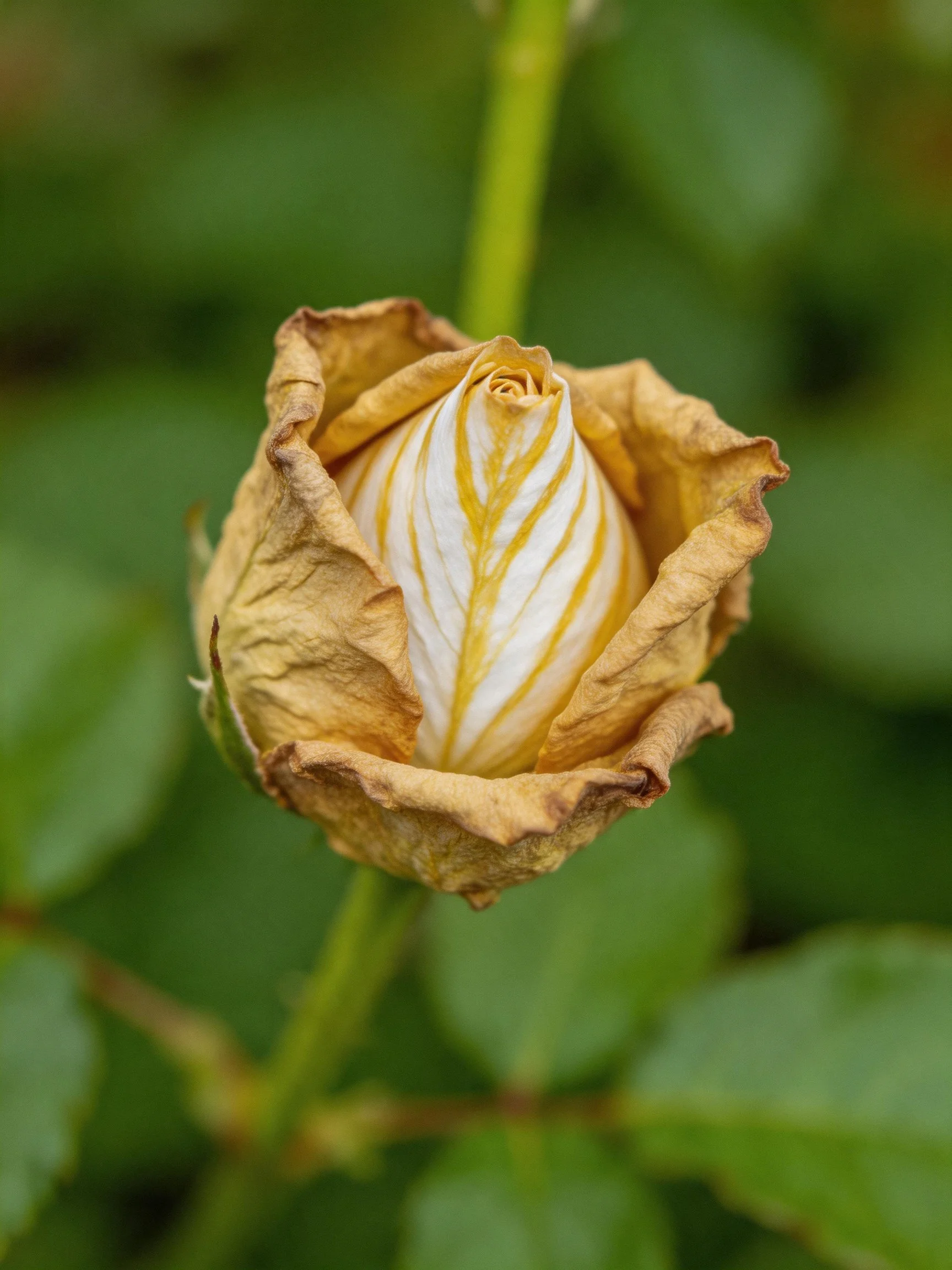 A dried rosebud with brown petals and yellow-striped center