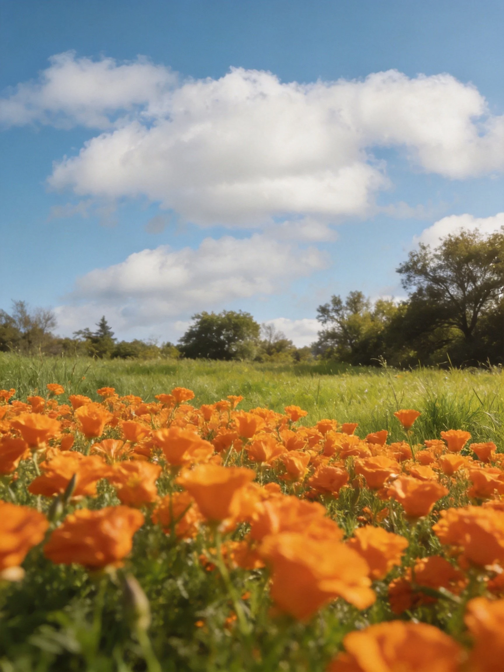 A field of bright orange poppies with green meadow and blue sky