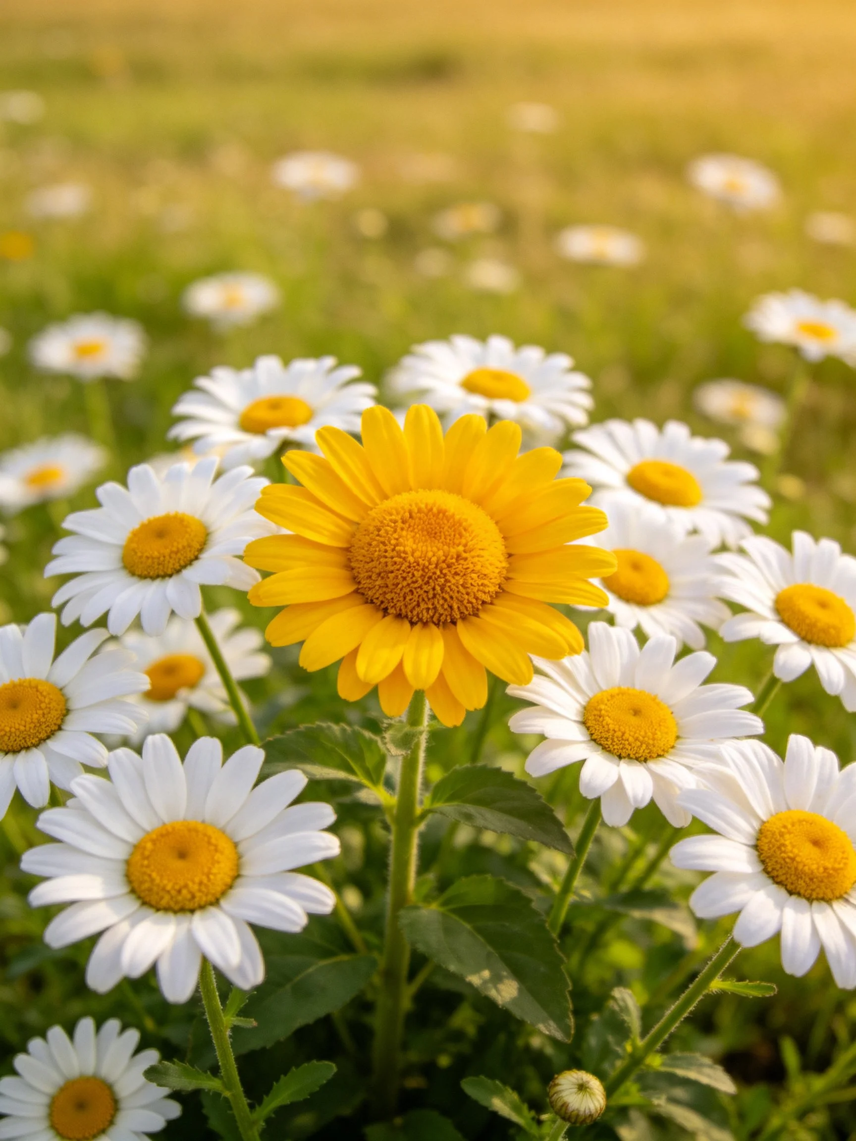 A field of daisies with one bright yellow central flower