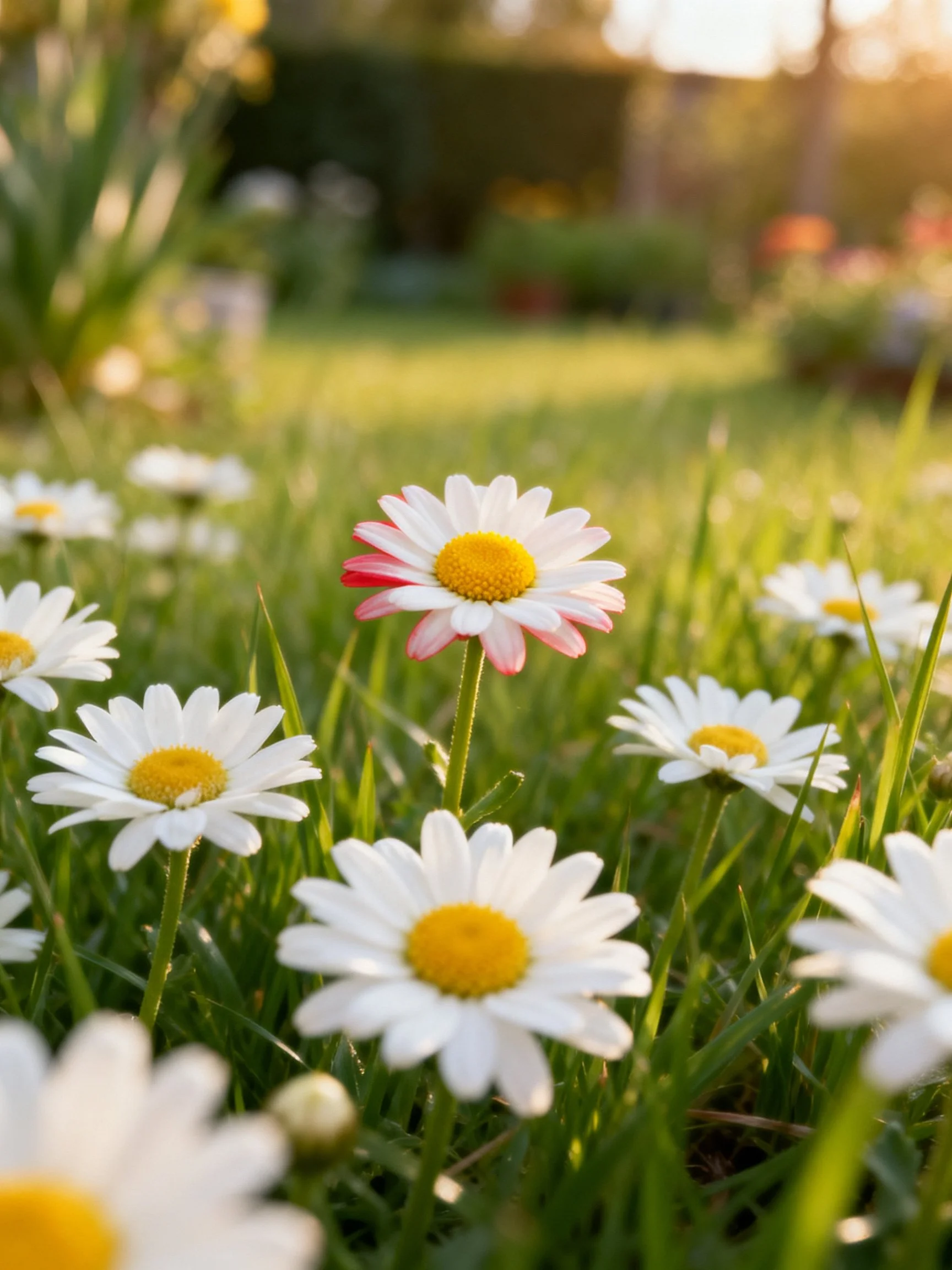 A field of daisies with one pink-edged bloom, green grass, warm sunlight