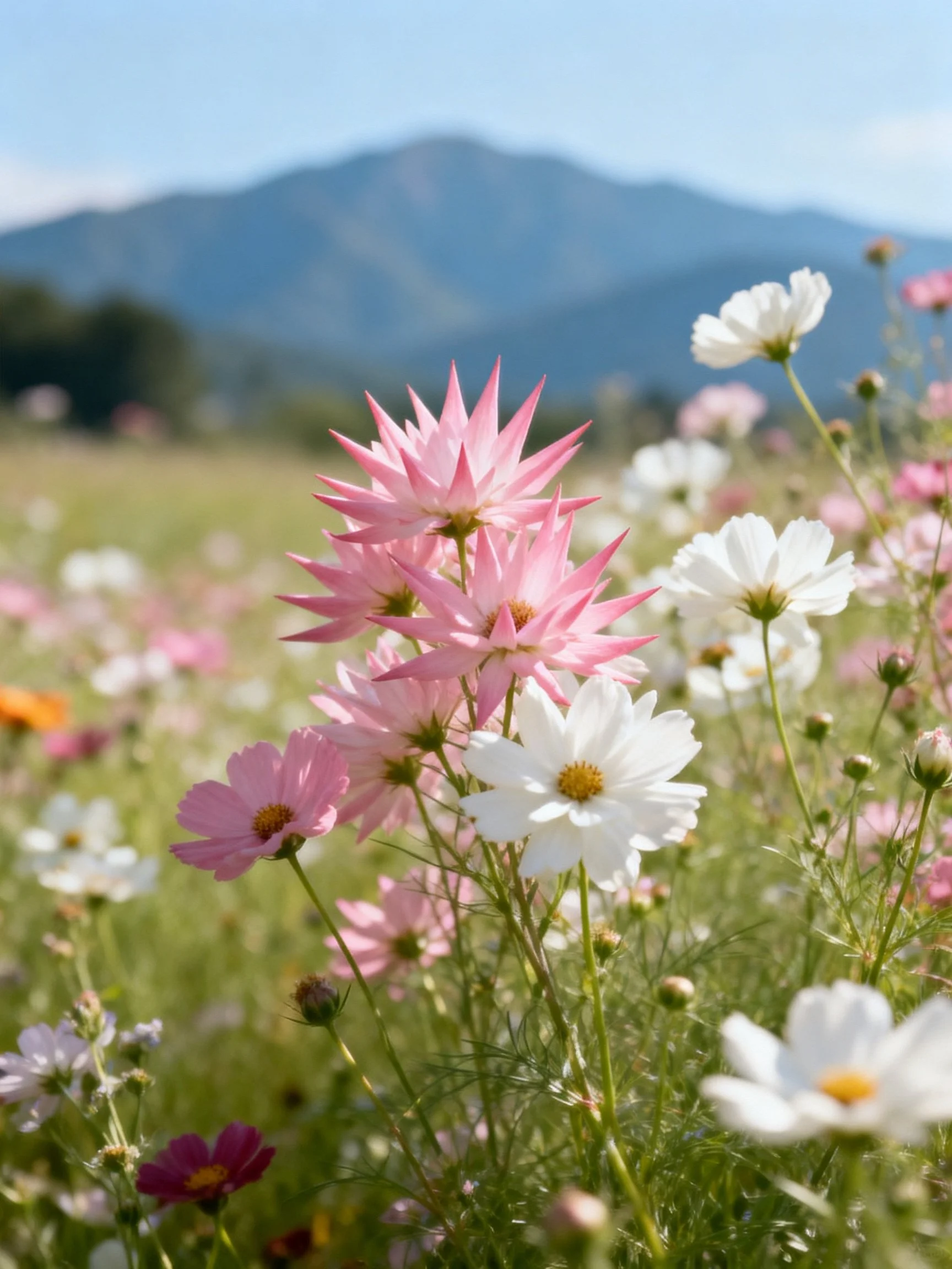 A field of pink and white cosmos flowers near a mountain under clear sky