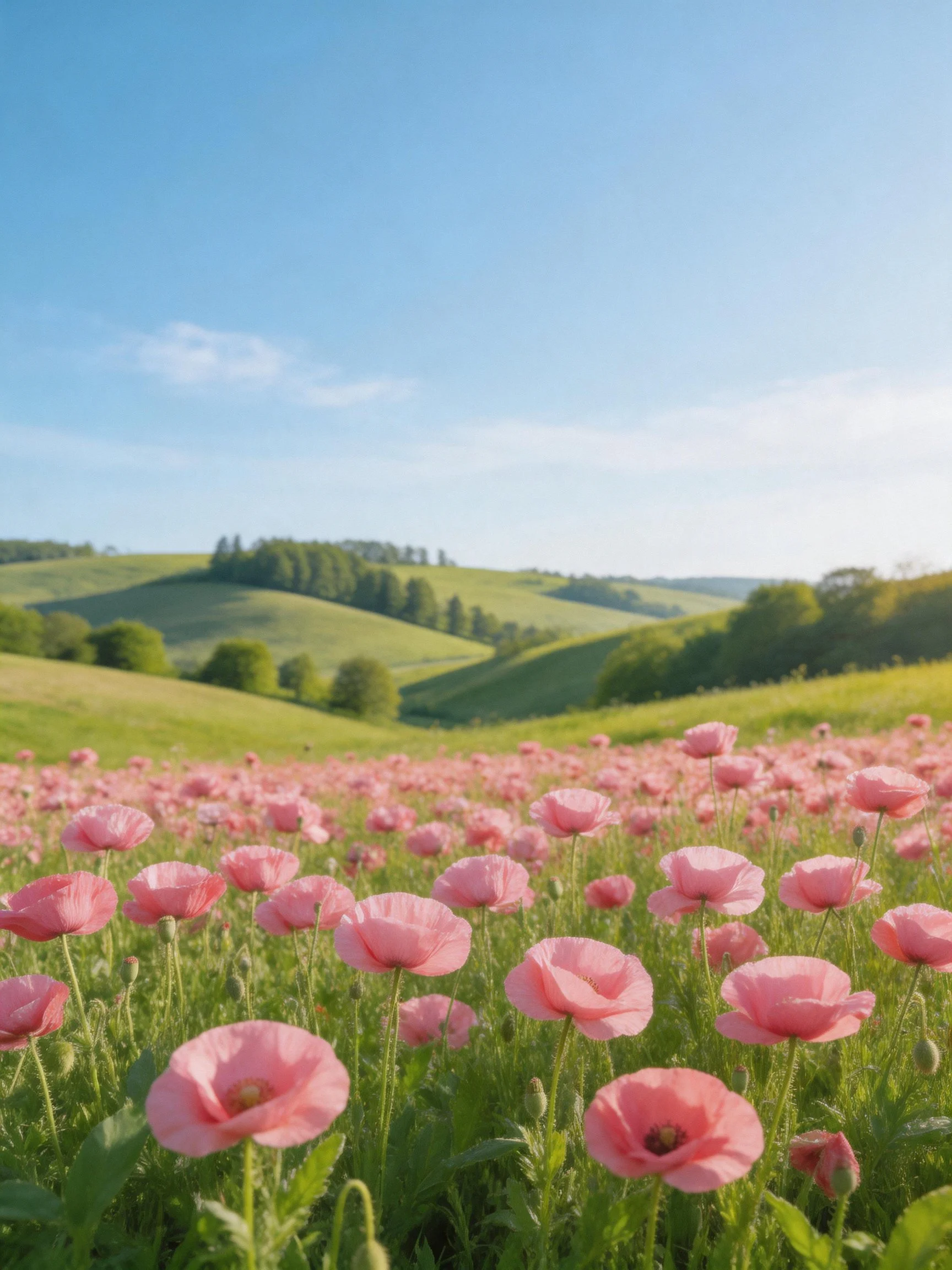A field of pink poppies stretches across rolling green hills under a clear blue sky