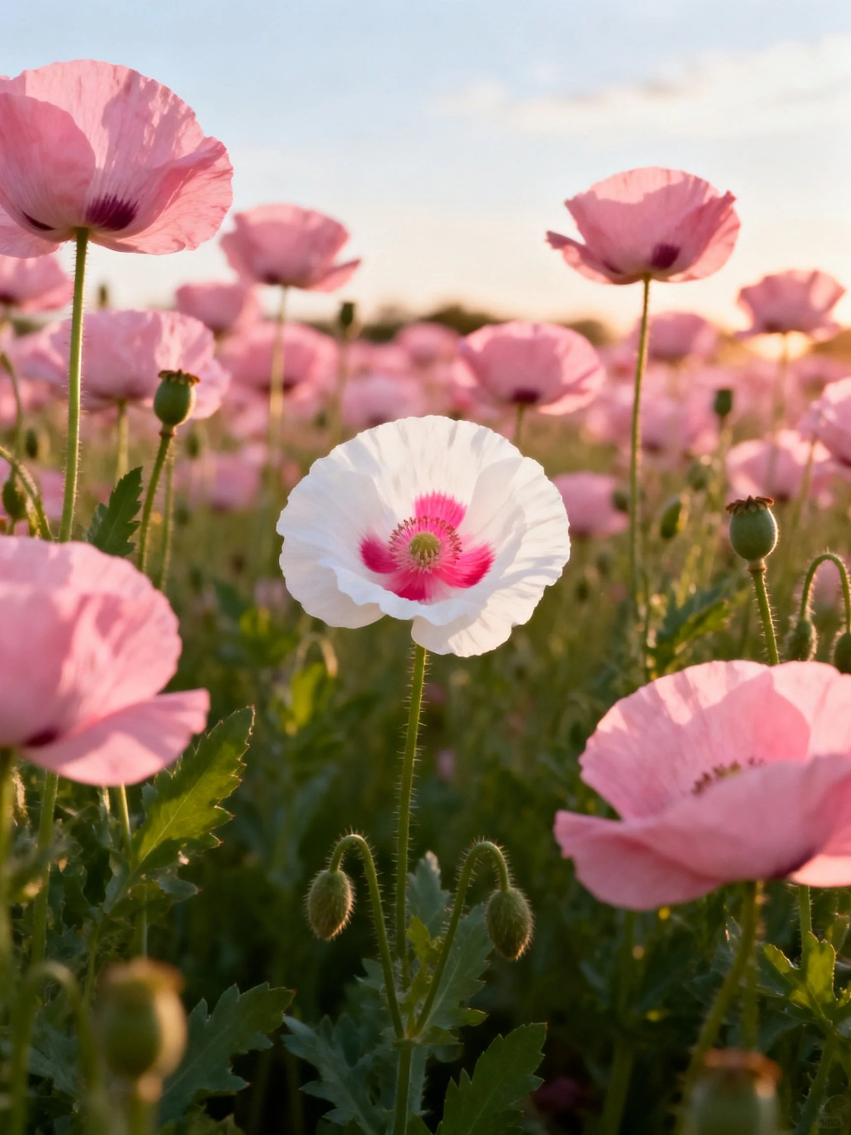 A field of pink poppies with one distinct white flower