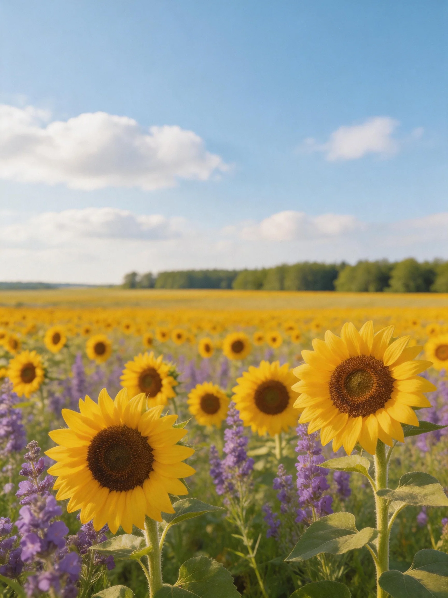 A field of sunflowers and lavender blooms beneath a bright blue sky