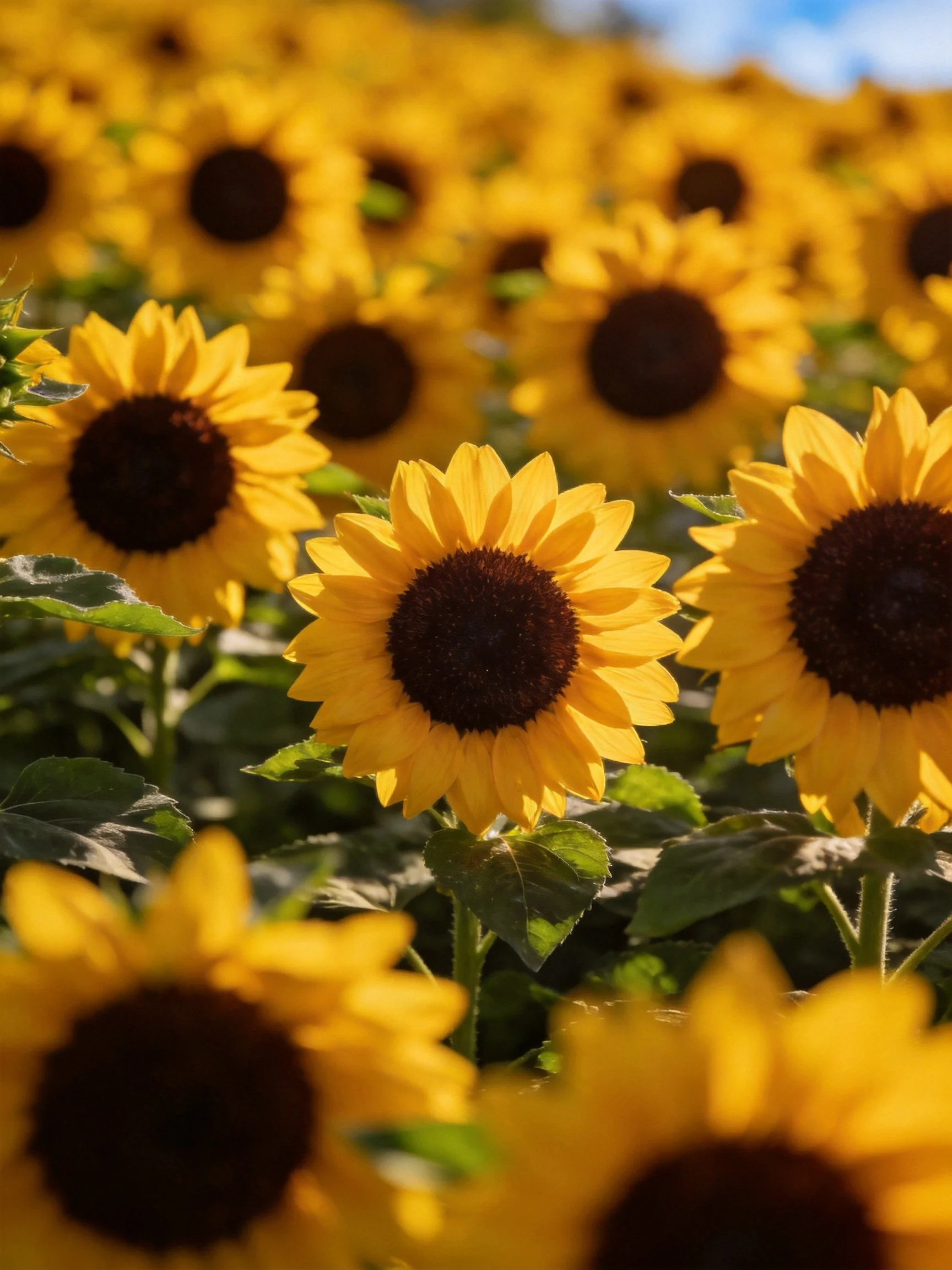 A field of vibrant sunflowers with golden petals and brown centers