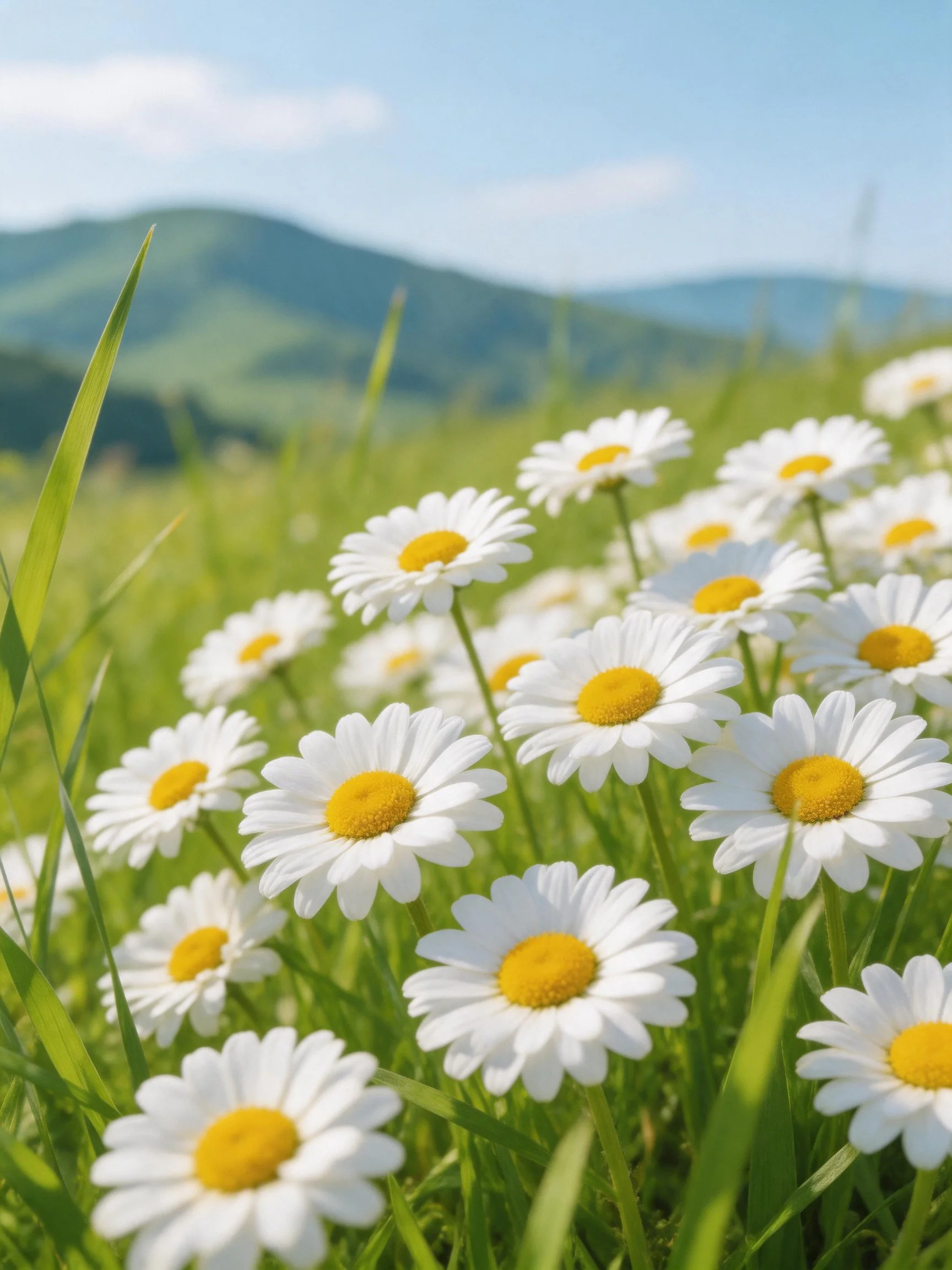 A field of white daisies with yellow centers amid lush green grass