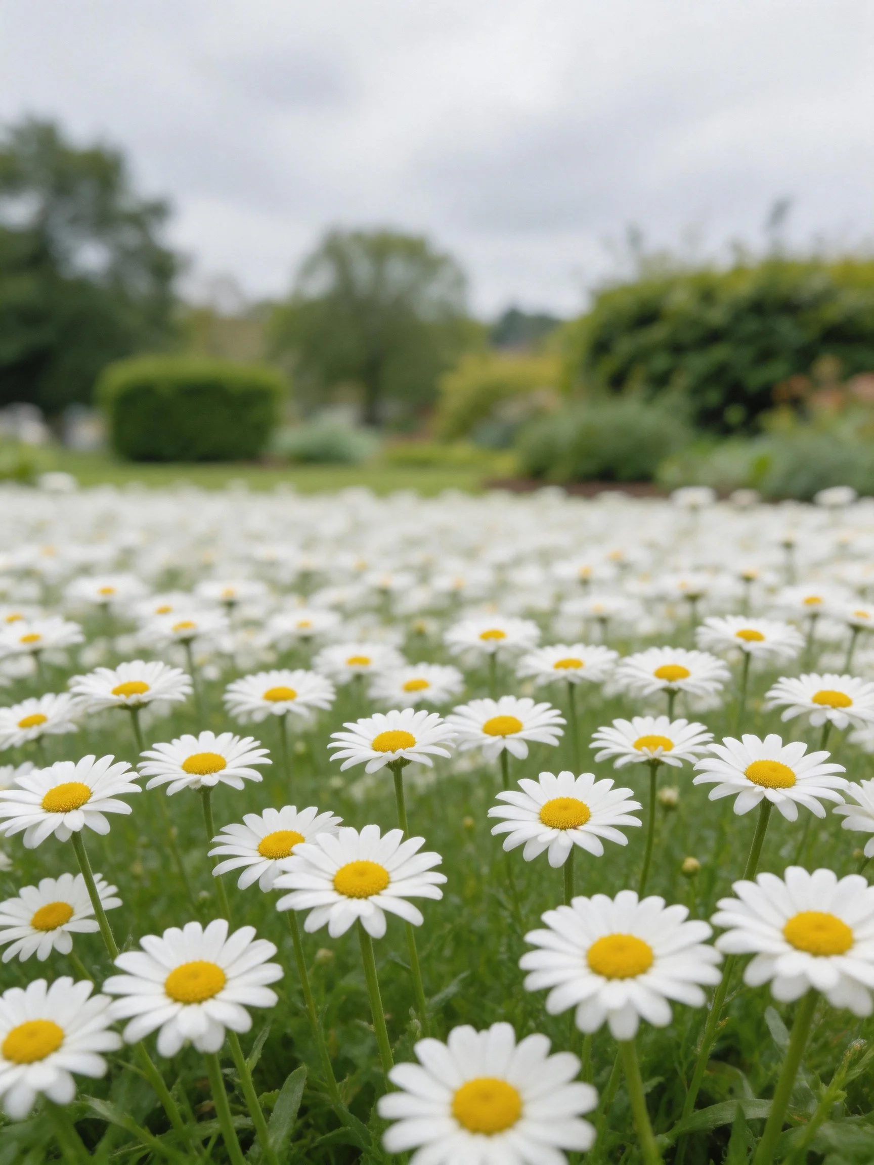 A field of white daisies with yellow centers in a garden