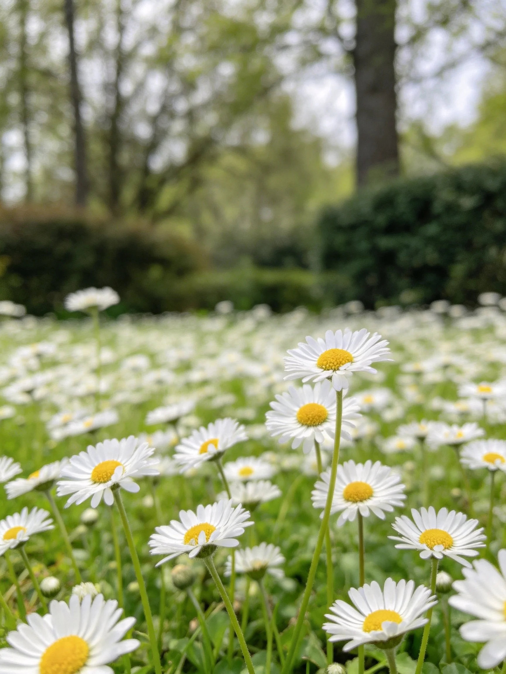 A field of white daisies with yellow centers near green trees
