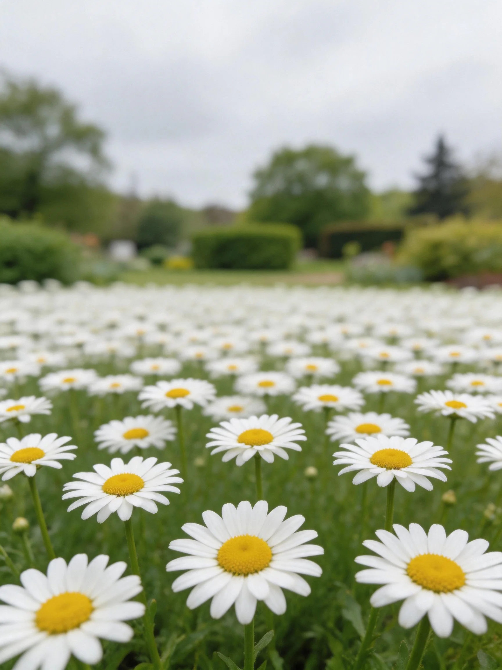 A field of white daisies with yellow centers spans a garden