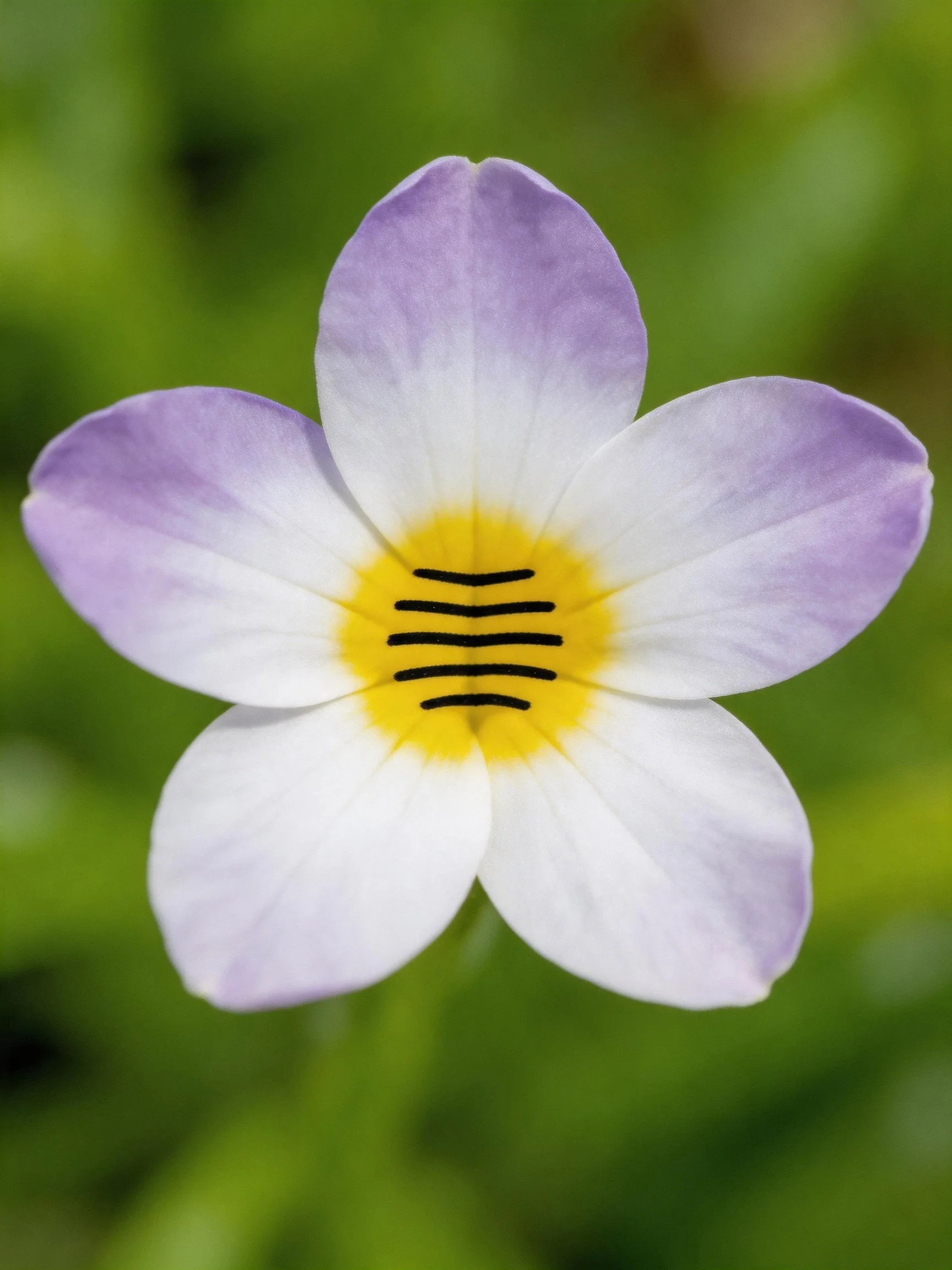 A five - petaled purple and white flower with a yellow center
