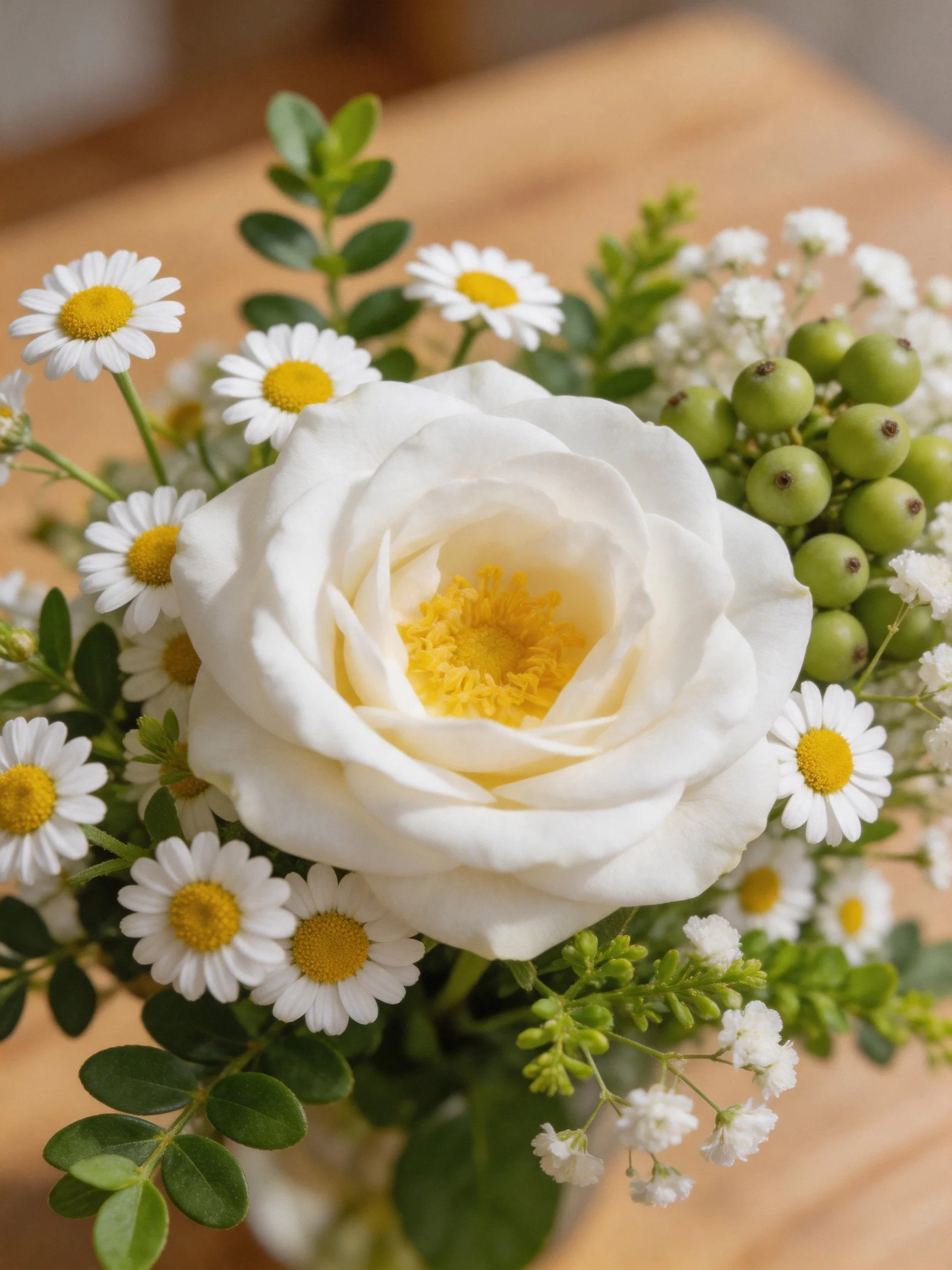 A floral arrangement with white roses, daisies, green berries, and leafy greens
