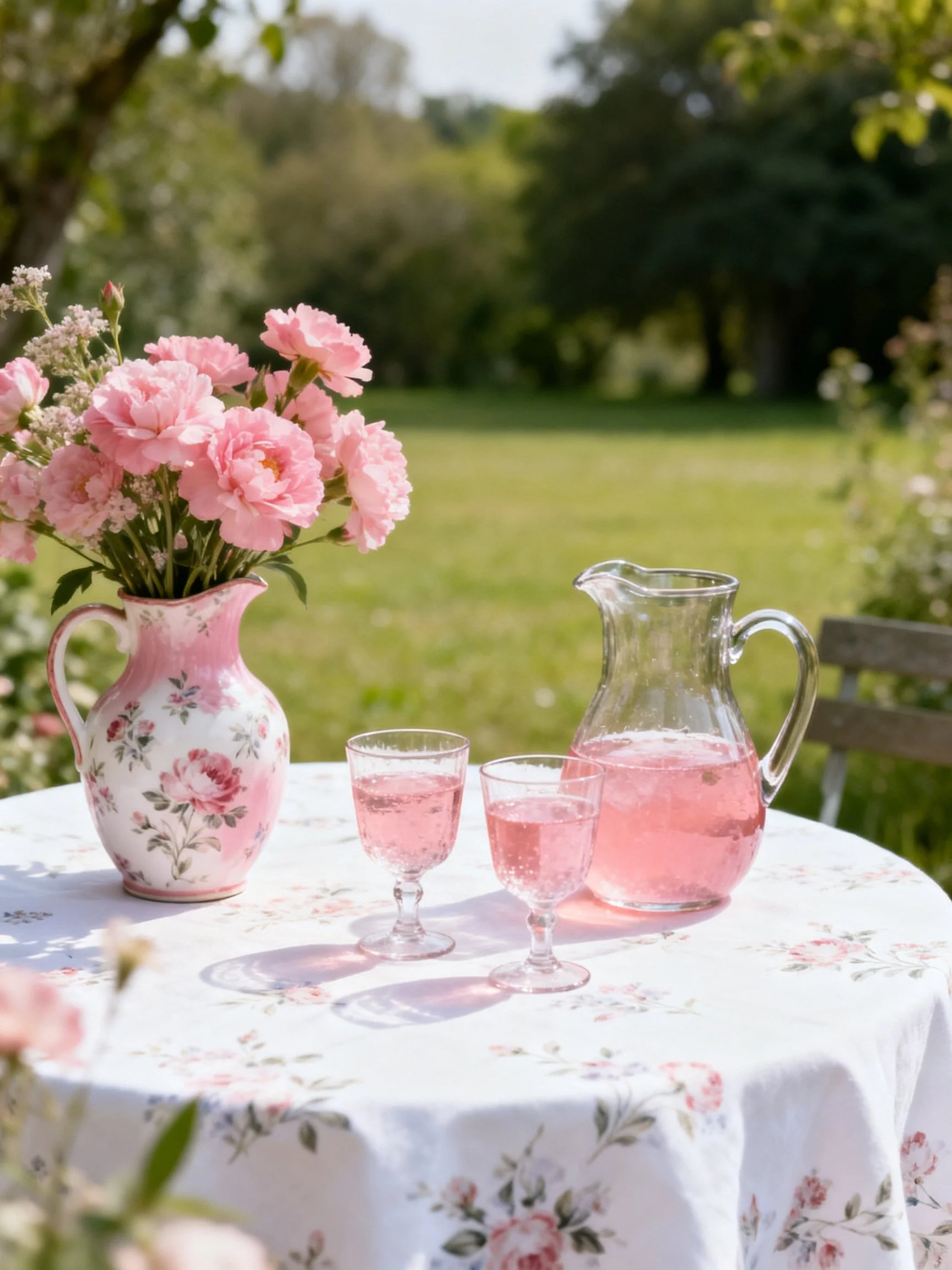 A floral table holds pink flowers, pitcher, and glasses in a sunny garden