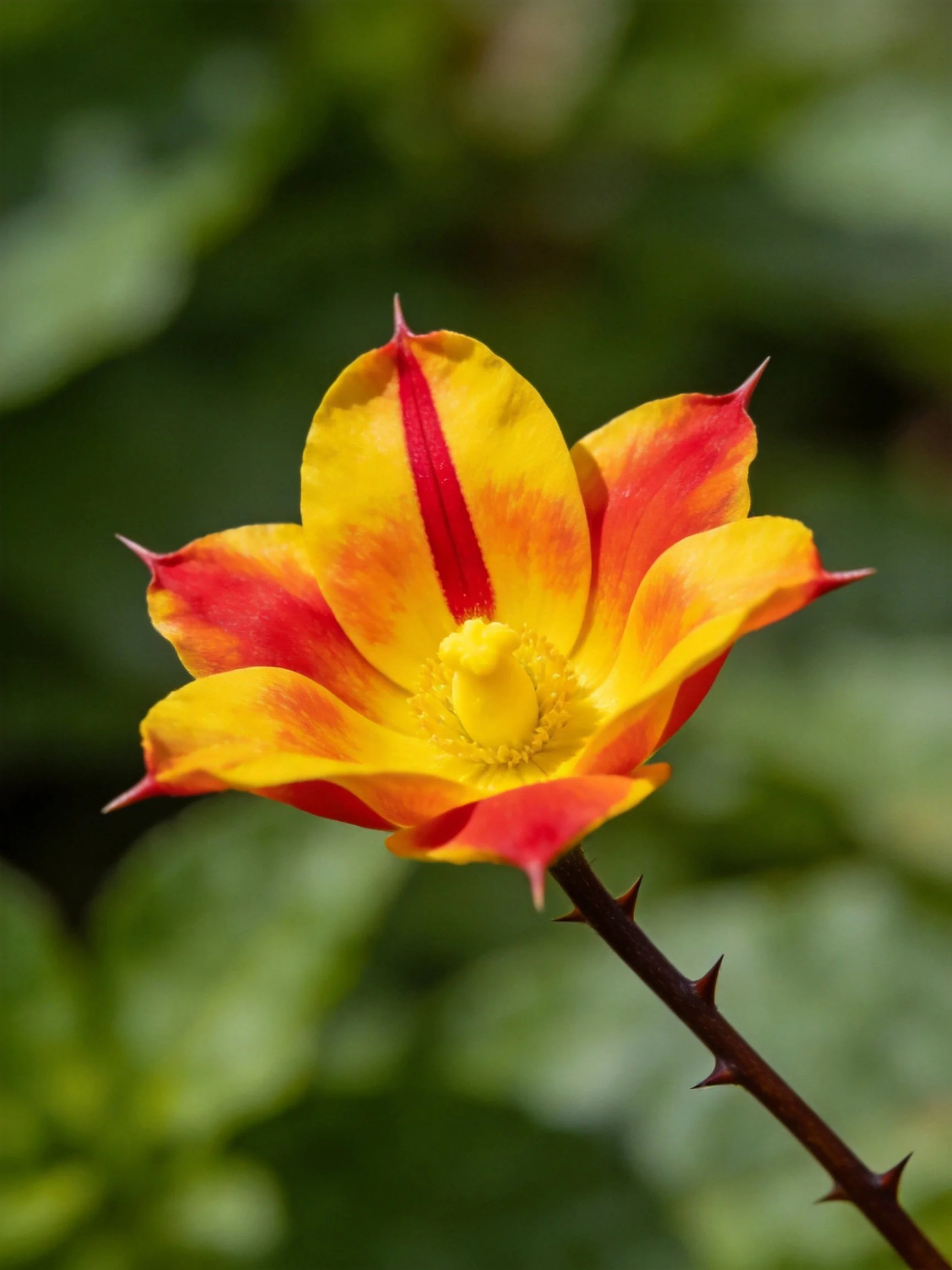 A flower with red and yellow petals on a thorny stem
