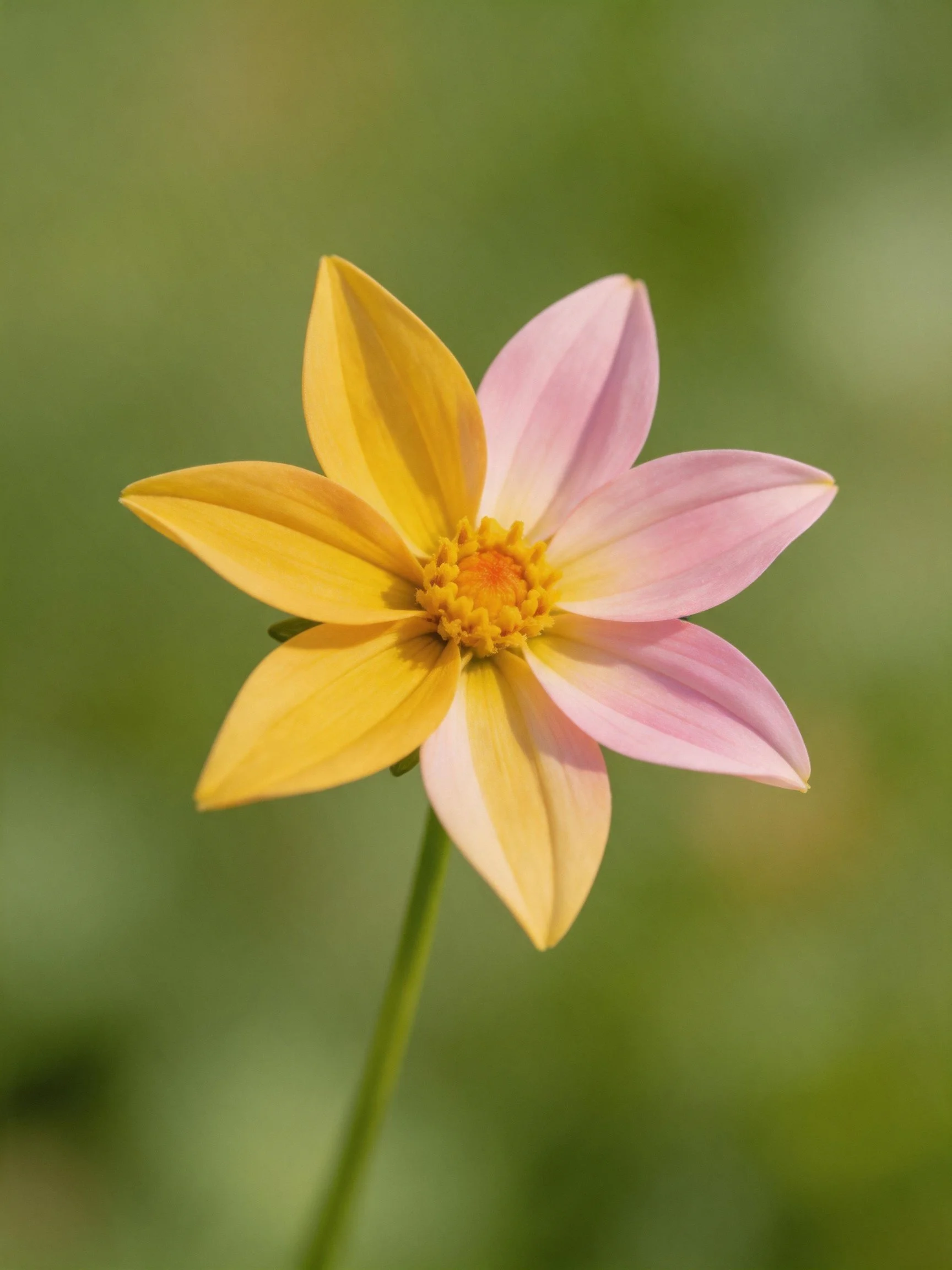 A flower with alternating yellow and pink petals stands out against a soft green background.