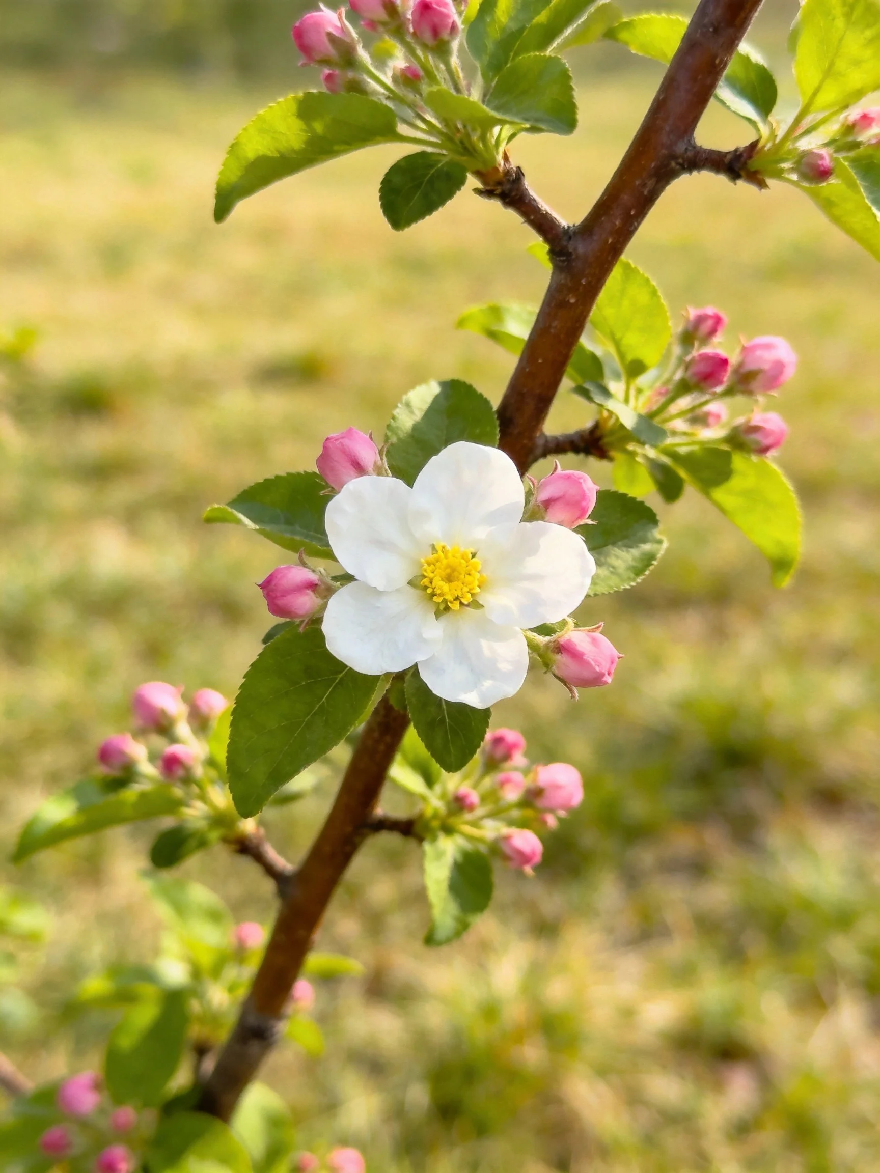 A flowering apple tree branch with white flower and pink buds