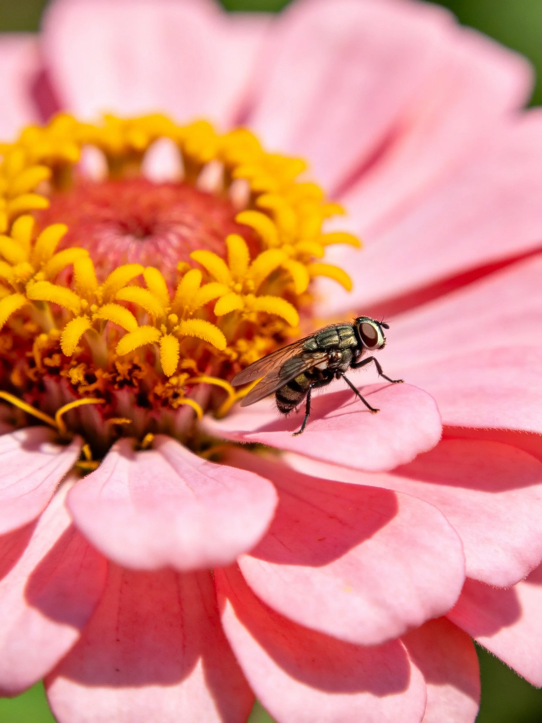 A fly resting on a pink flower with a yellow center