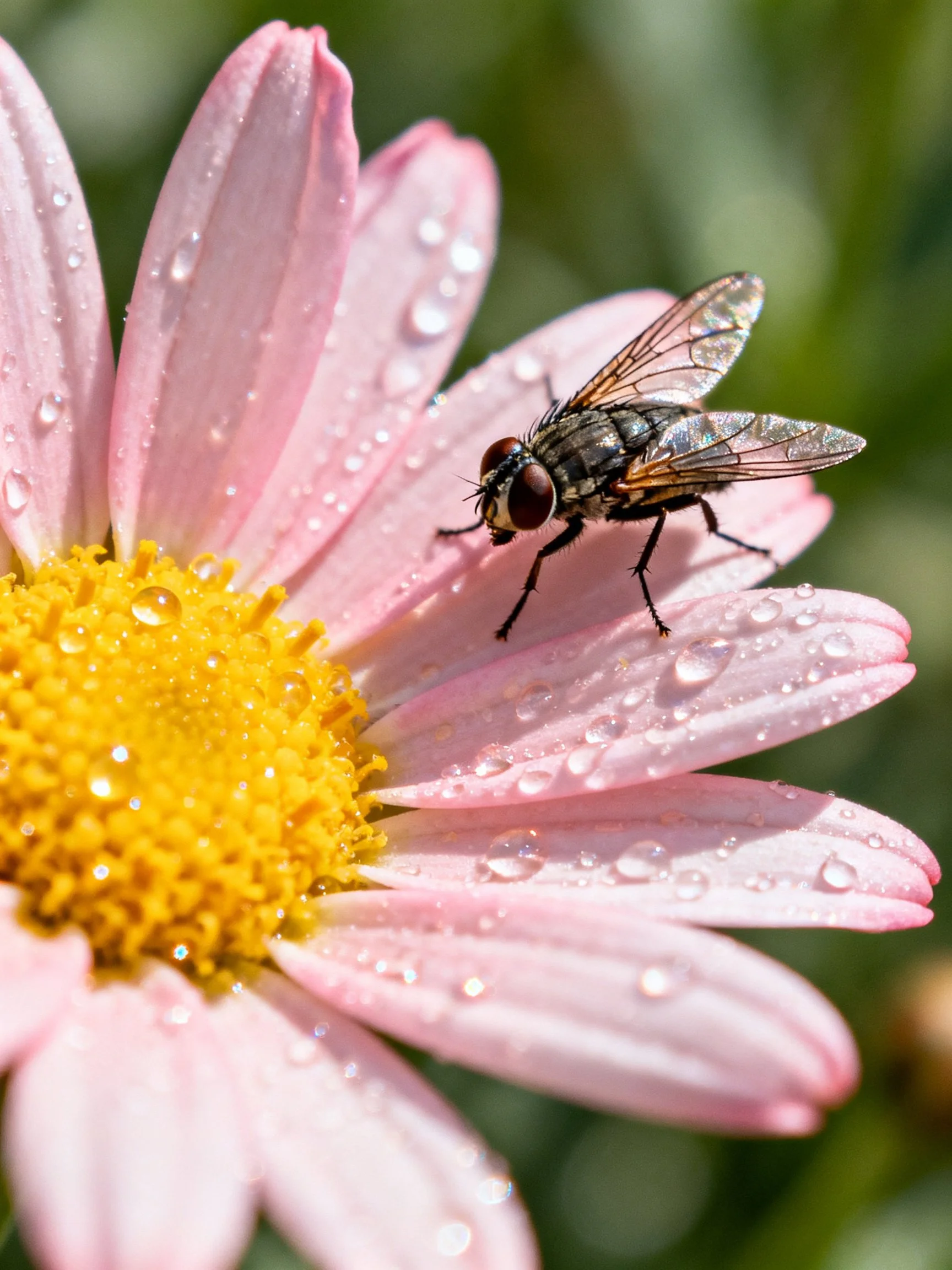 A fly rests on a pink daisy with water droplets