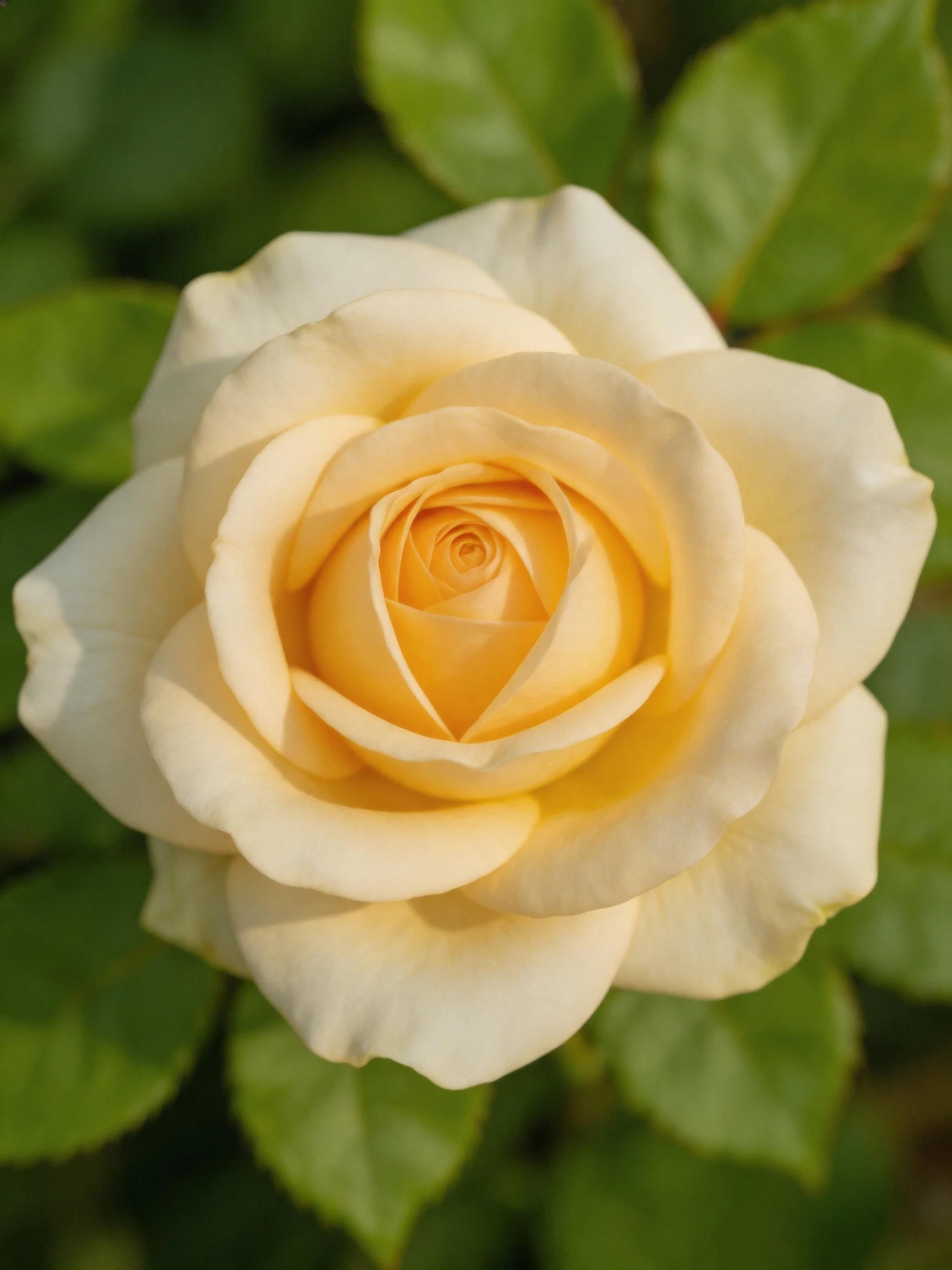 A fully bloomed cream-yellow rose with lush green foliage