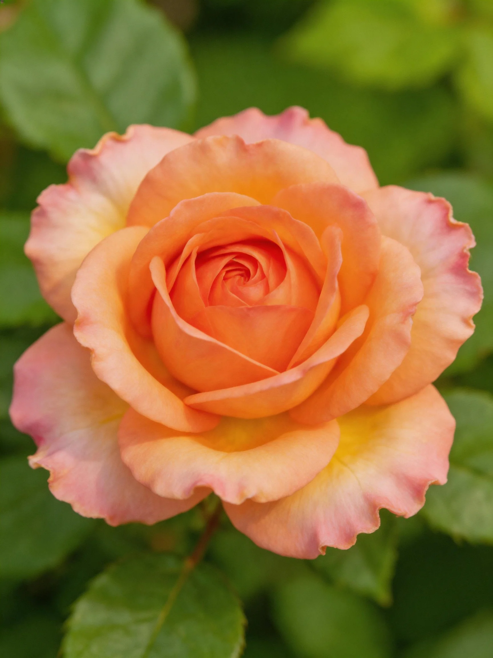 A fully bloomed orange-pink rose with green foliage