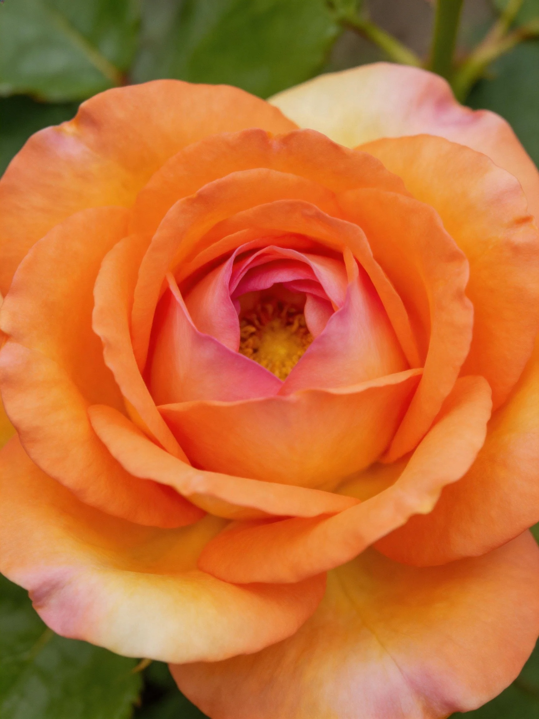 A fully bloomed orange rose with pink inner petals