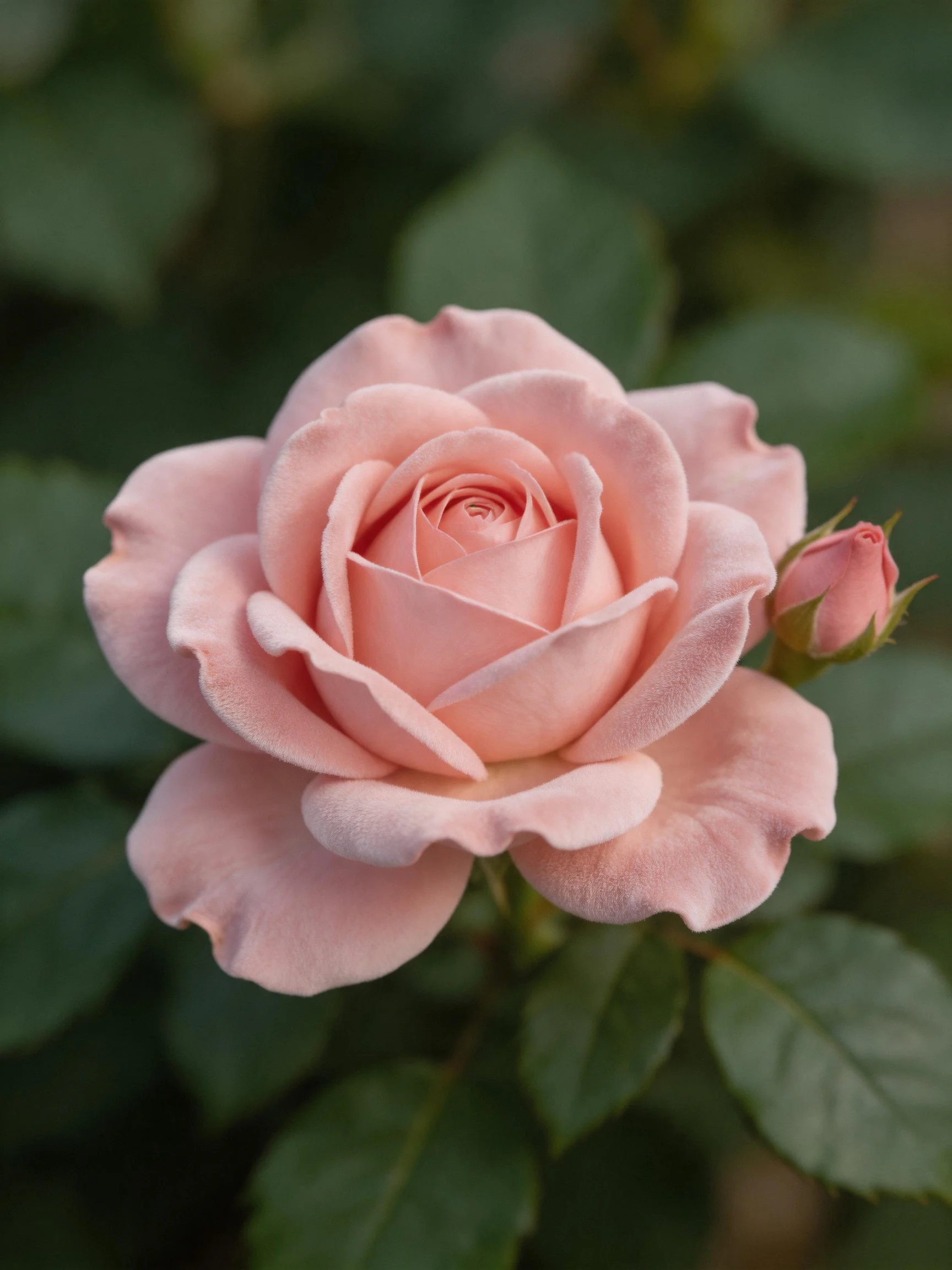 A fully bloomed pale pink rose with an unopened bud