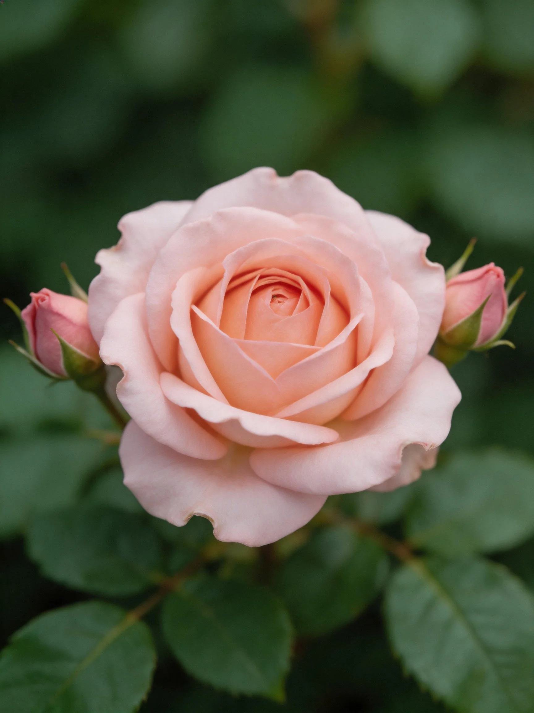 A fully bloomed pale pink rose with two unopened buds