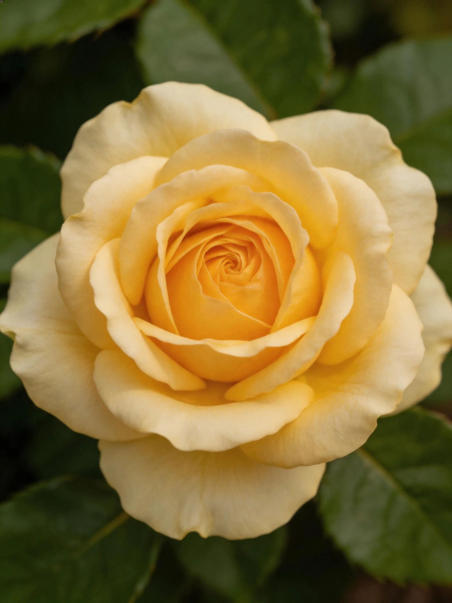 A fully bloomed pale yellow rose with lush green leaves