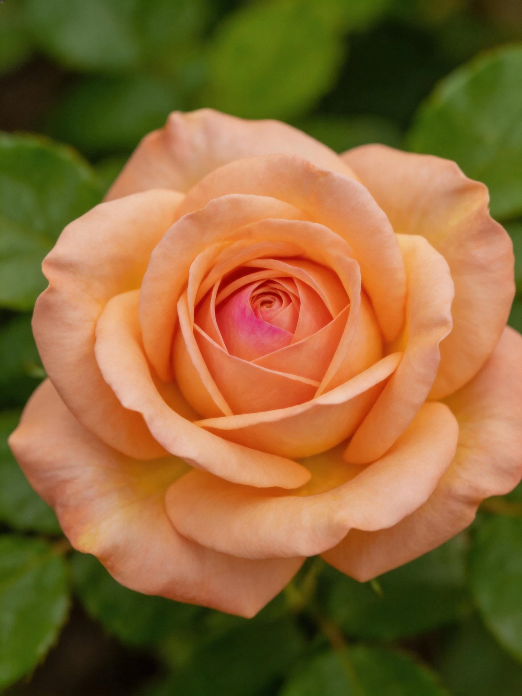 A fully bloomed peach-colored rose with green foliage backdrop