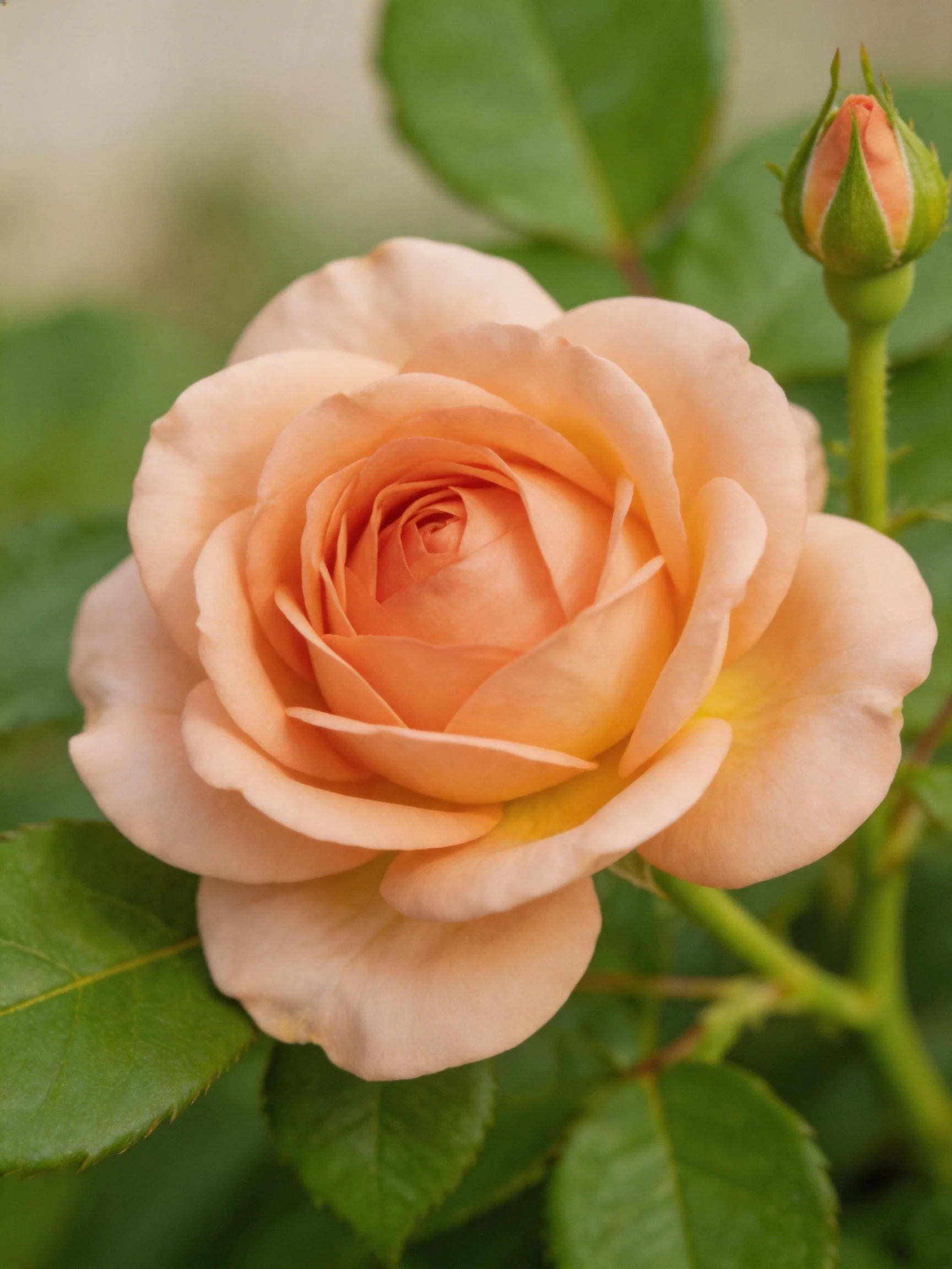 A fully bloomed peach rose with a closed bud and green leaves