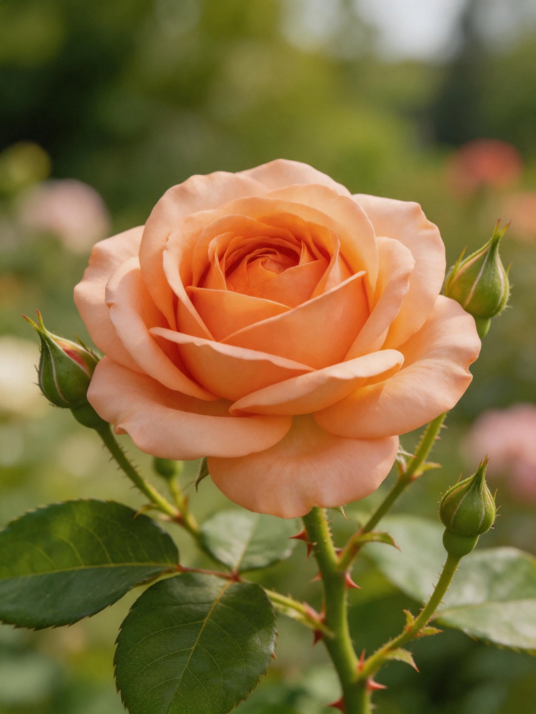 A fully bloomed peach rose with green buds and leaves