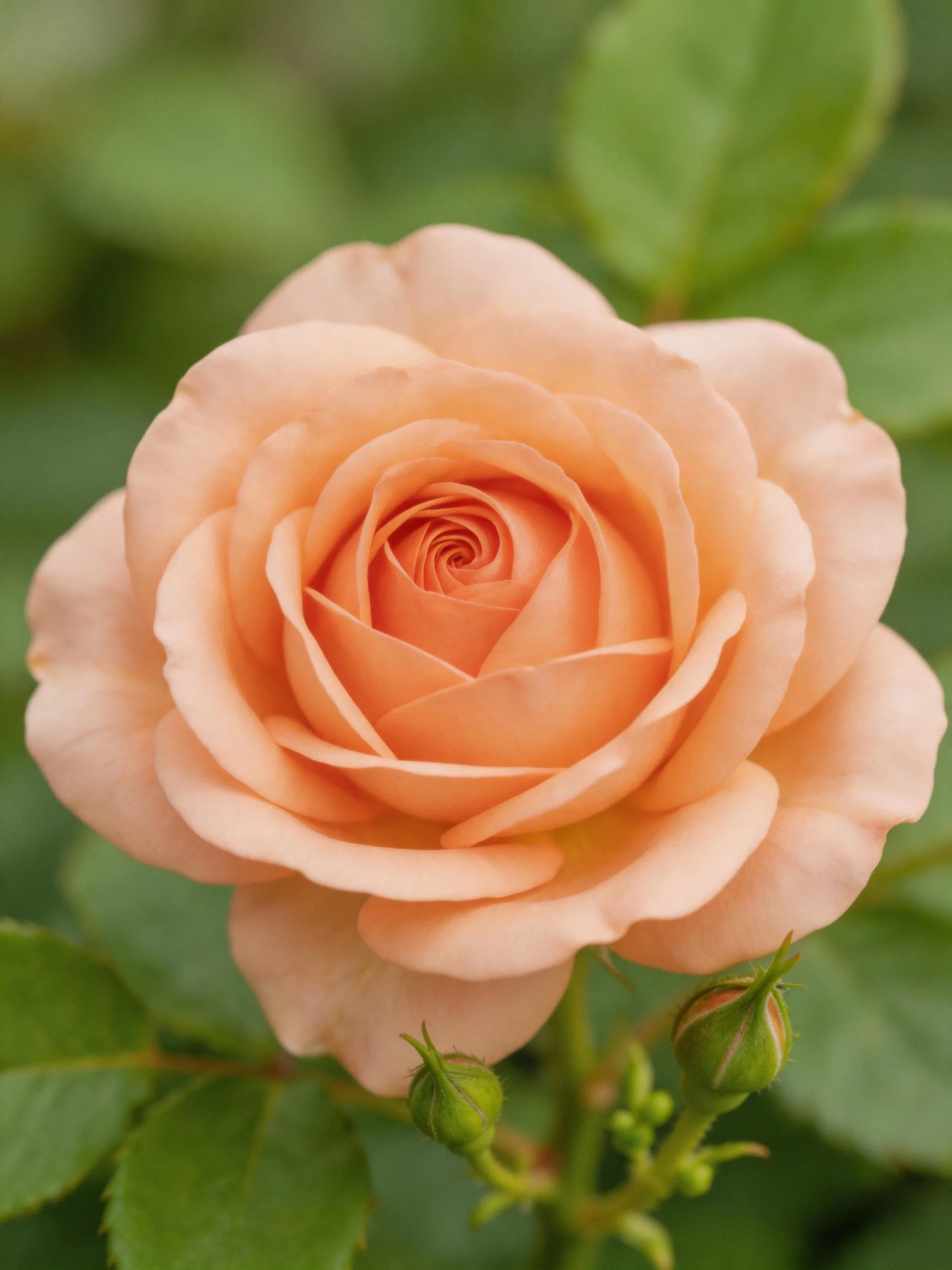 A fully bloomed peach rose with green foliage and buds