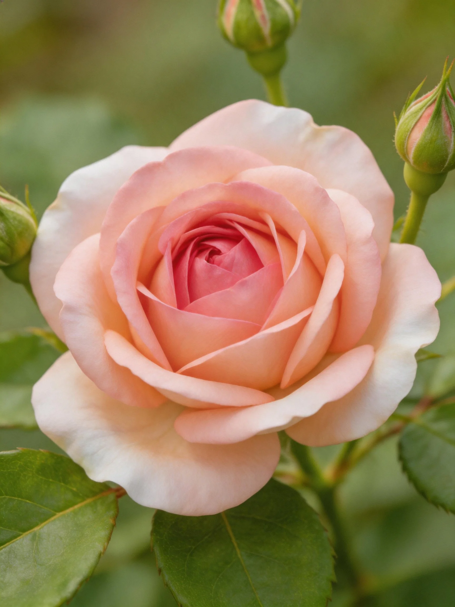 A fully bloomed peach rose with two unopened buds and green foliage