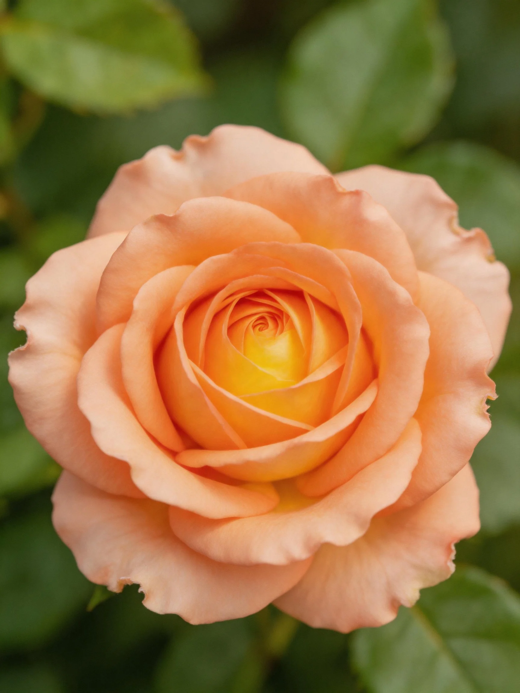 A fully bloomed peach-toned rose with green foliage backdrop