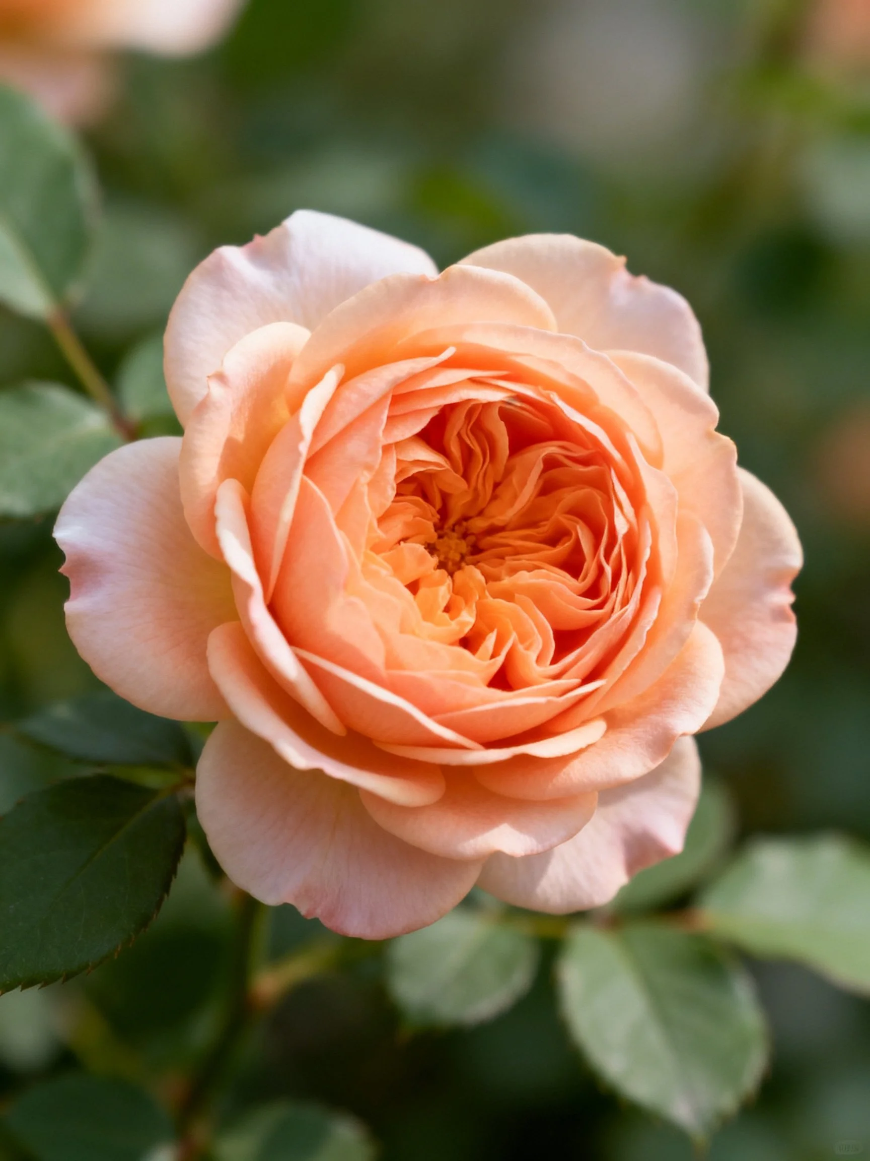 A fully bloomed peach-toned rose with green leaves
