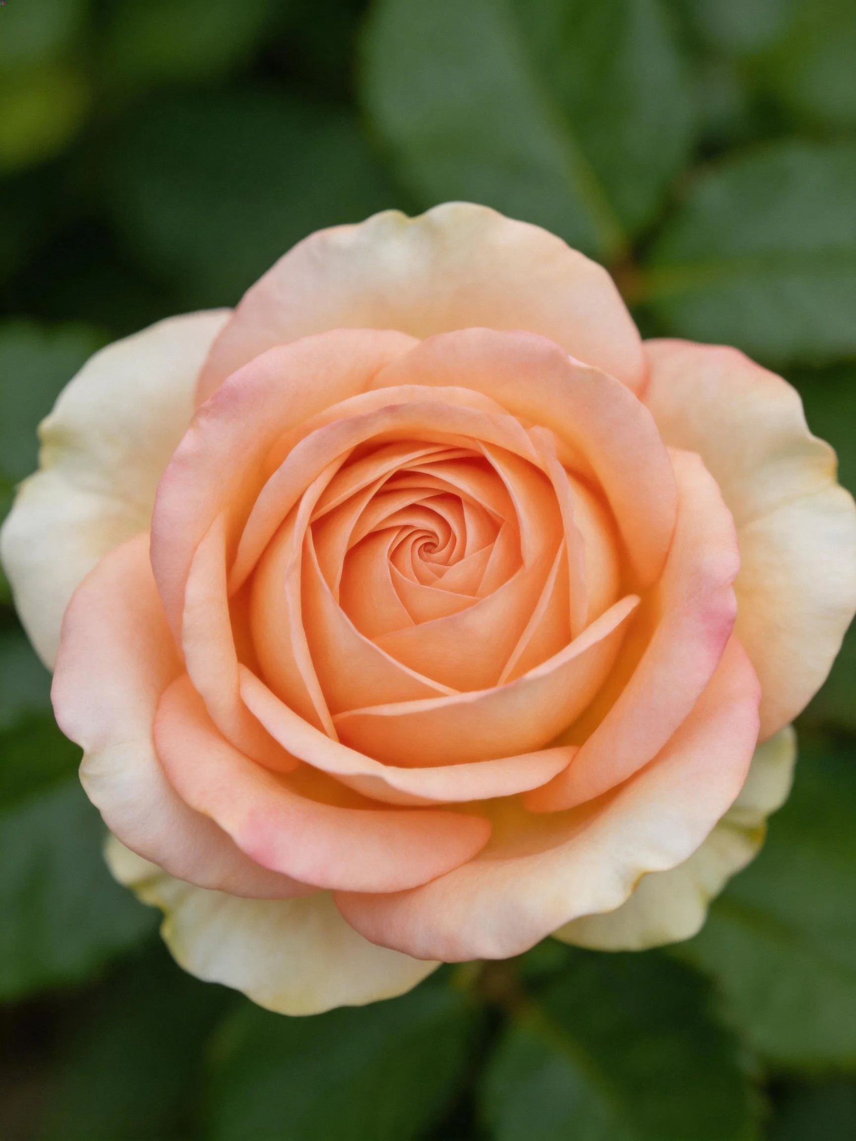 A fully bloomed peach-toned rose with layered petals