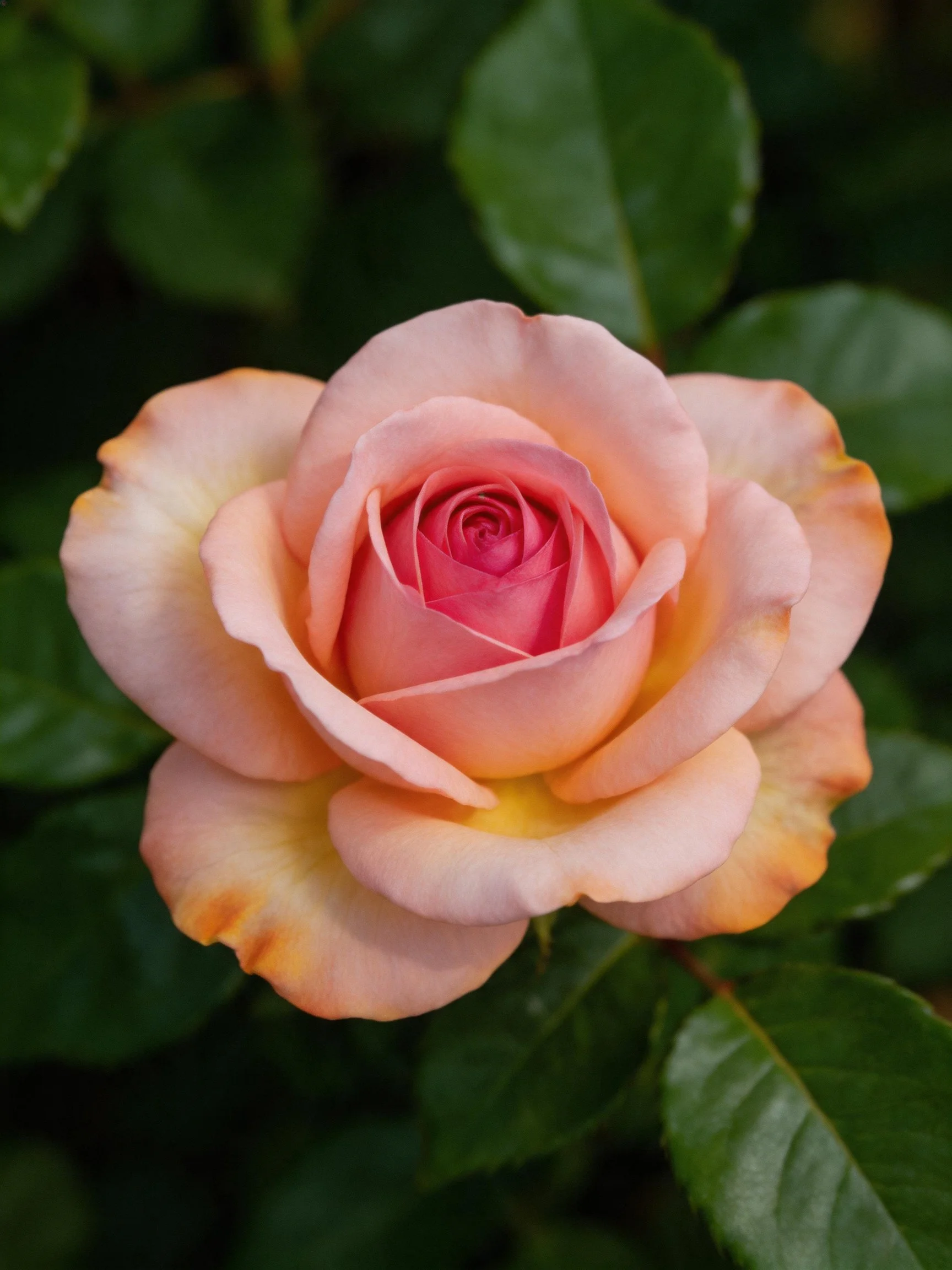 A fully bloomed pink and orange rose with dark green foliage