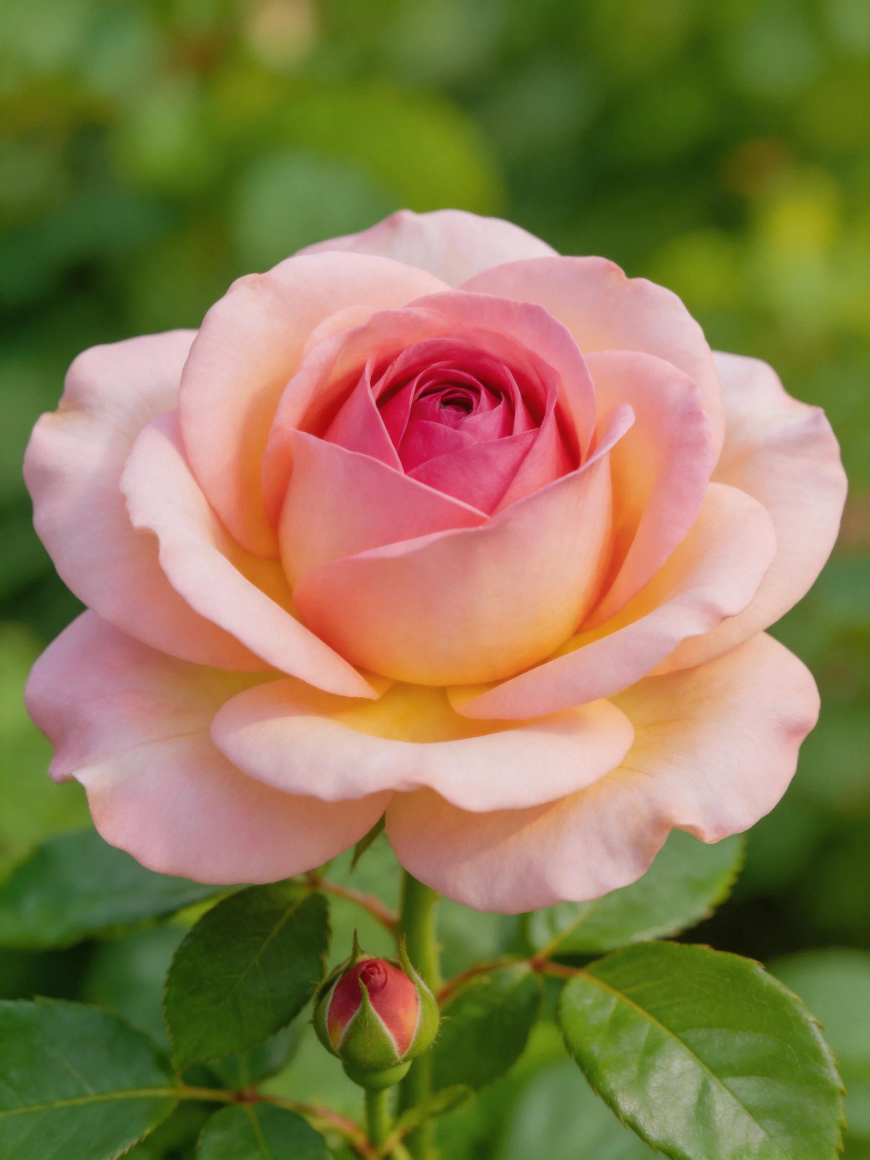 A fully bloomed pink and peach rose with green foliage