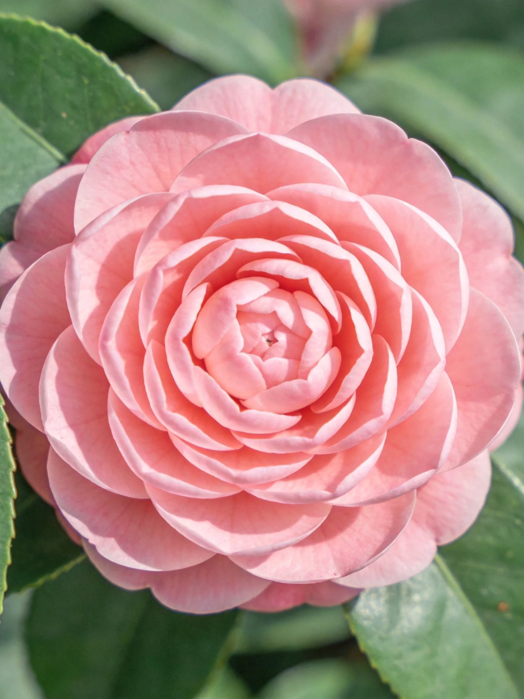 A fully bloomed pink camellia with layered petals and green foliage