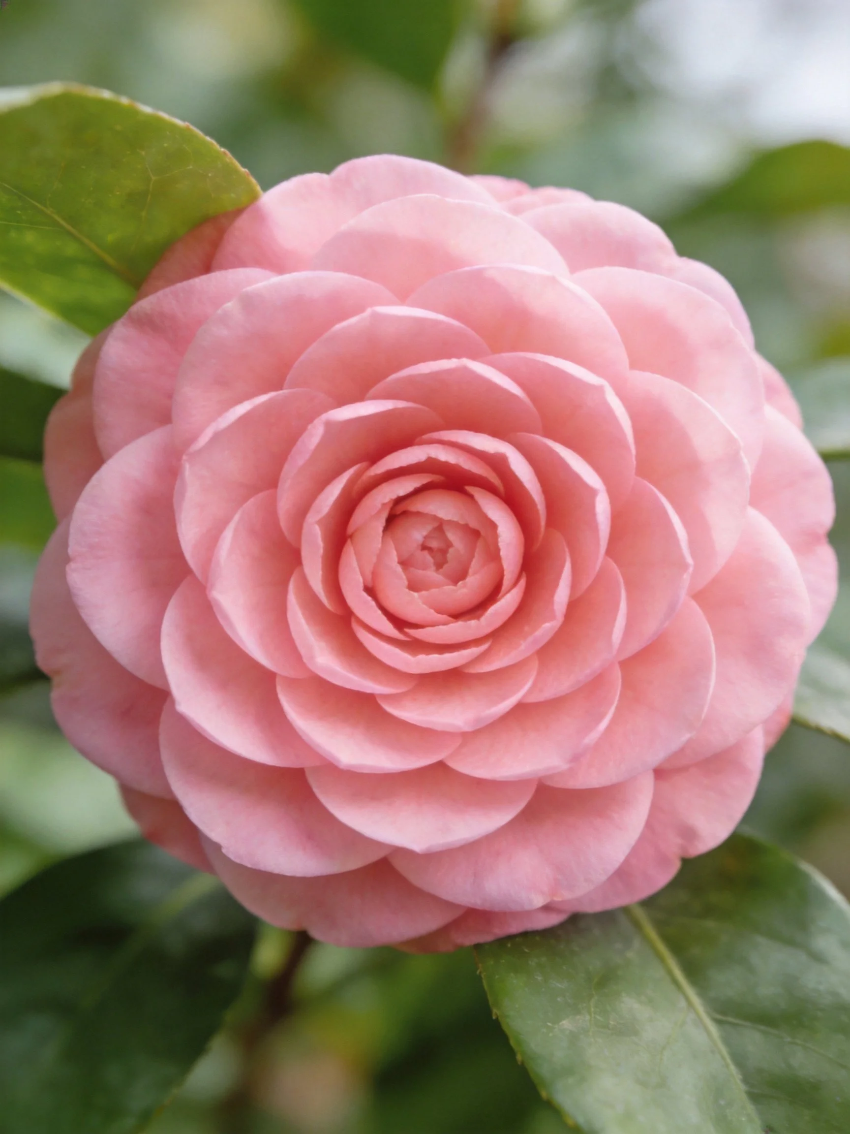 A fully bloomed pink camellia with layered petals and green leaves