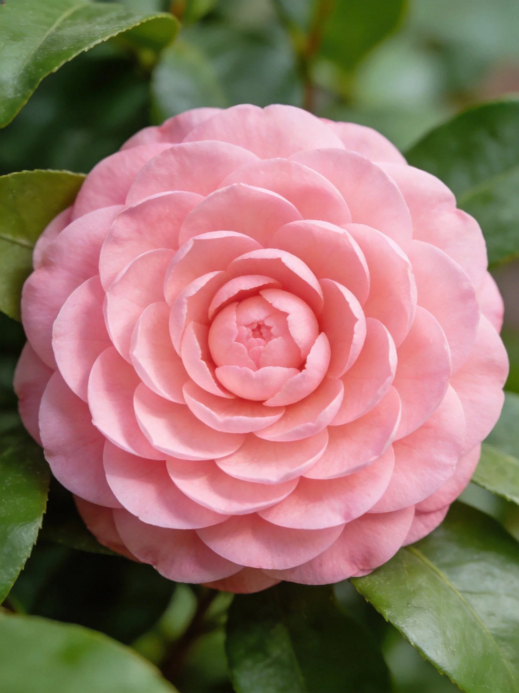 A fully bloomed pink camellia with lush green leaves