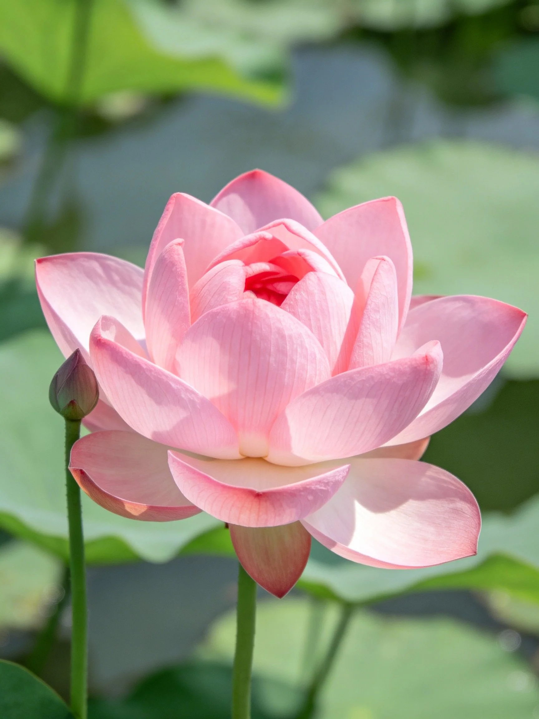 A fully bloomed pink lotus with a closed bud near green leaves
