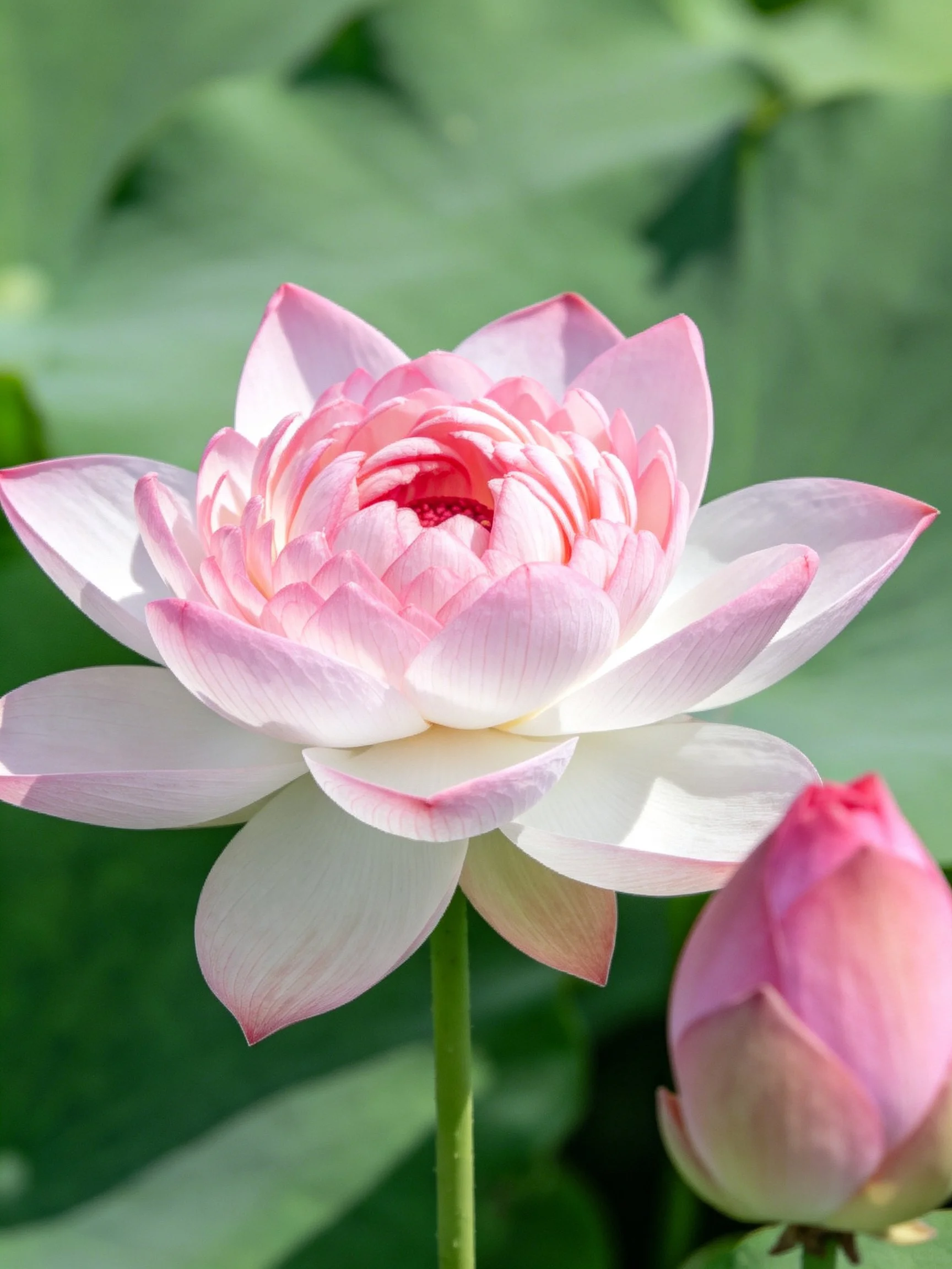 A fully bloomed pink lotus with a closed bud near green leaves