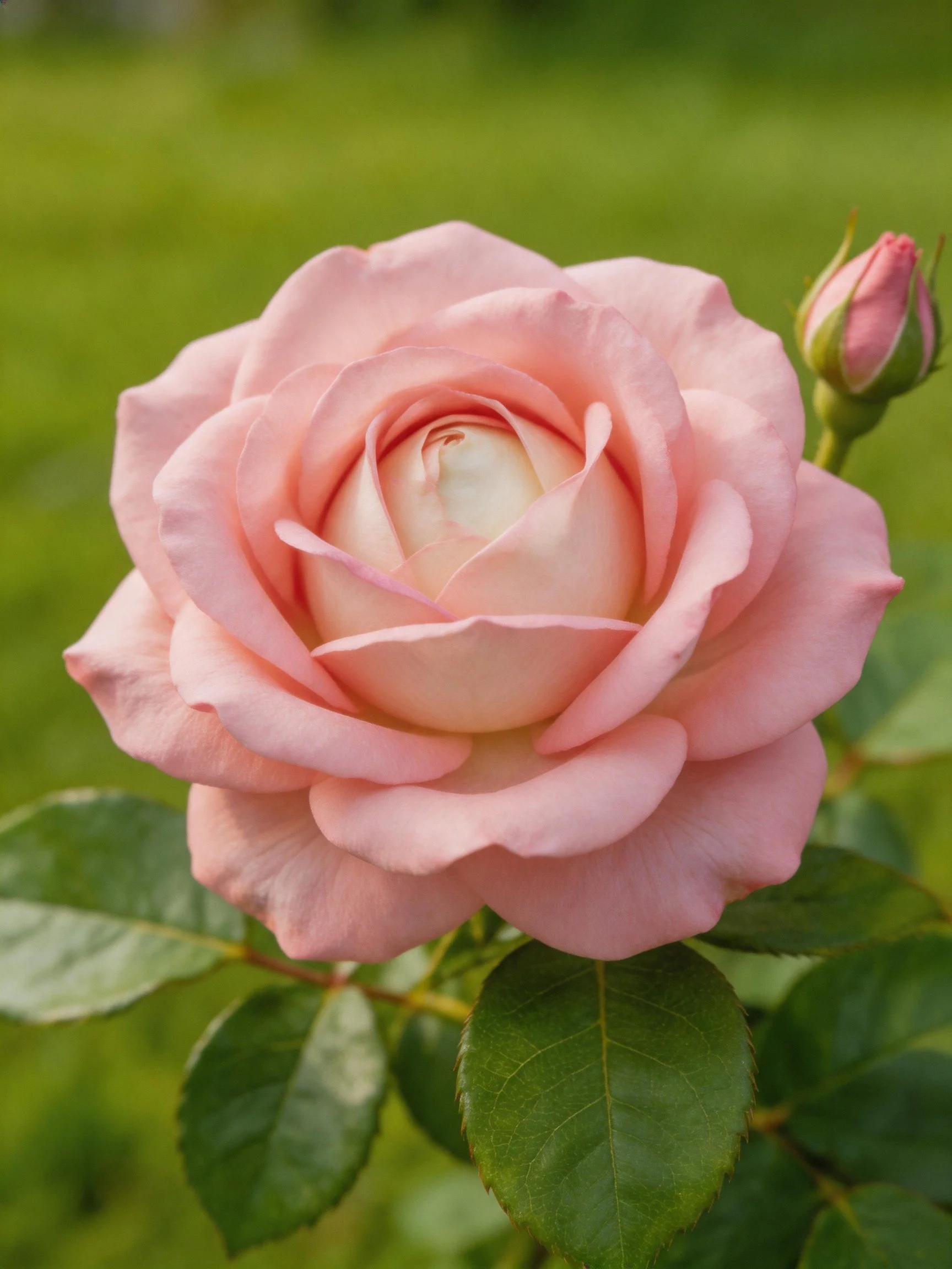 A fully bloomed pink rose with a closed bud and green leaves