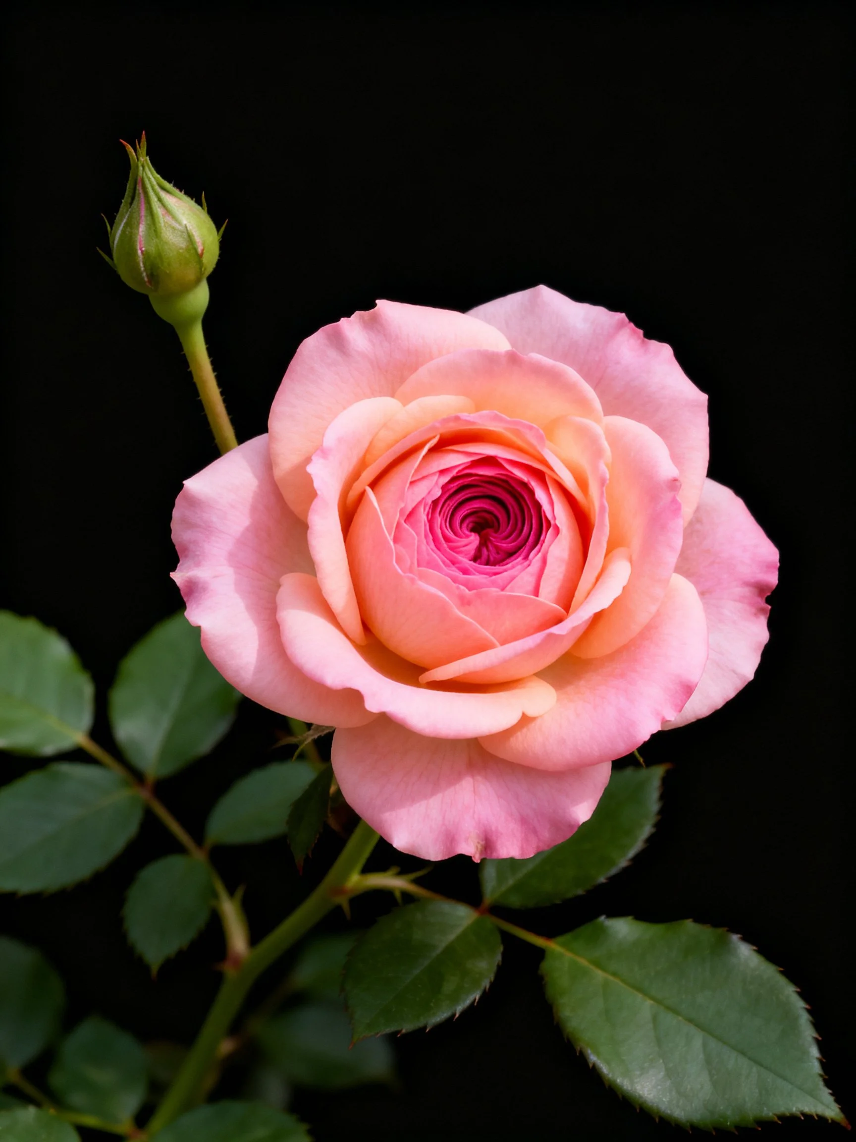 A fully bloomed pink rose with an unopened green bud