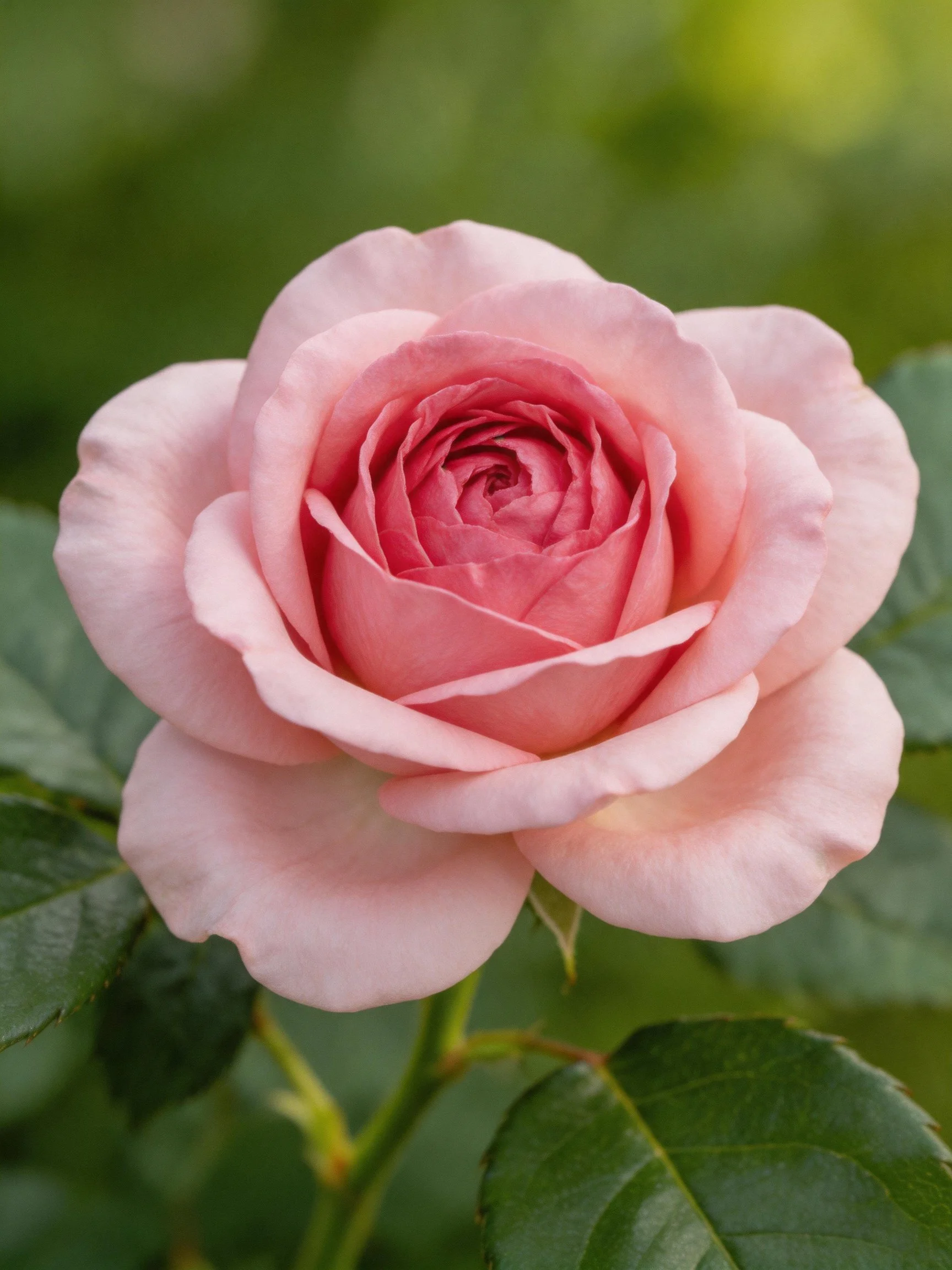 A fully bloomed pink rose with green foliage