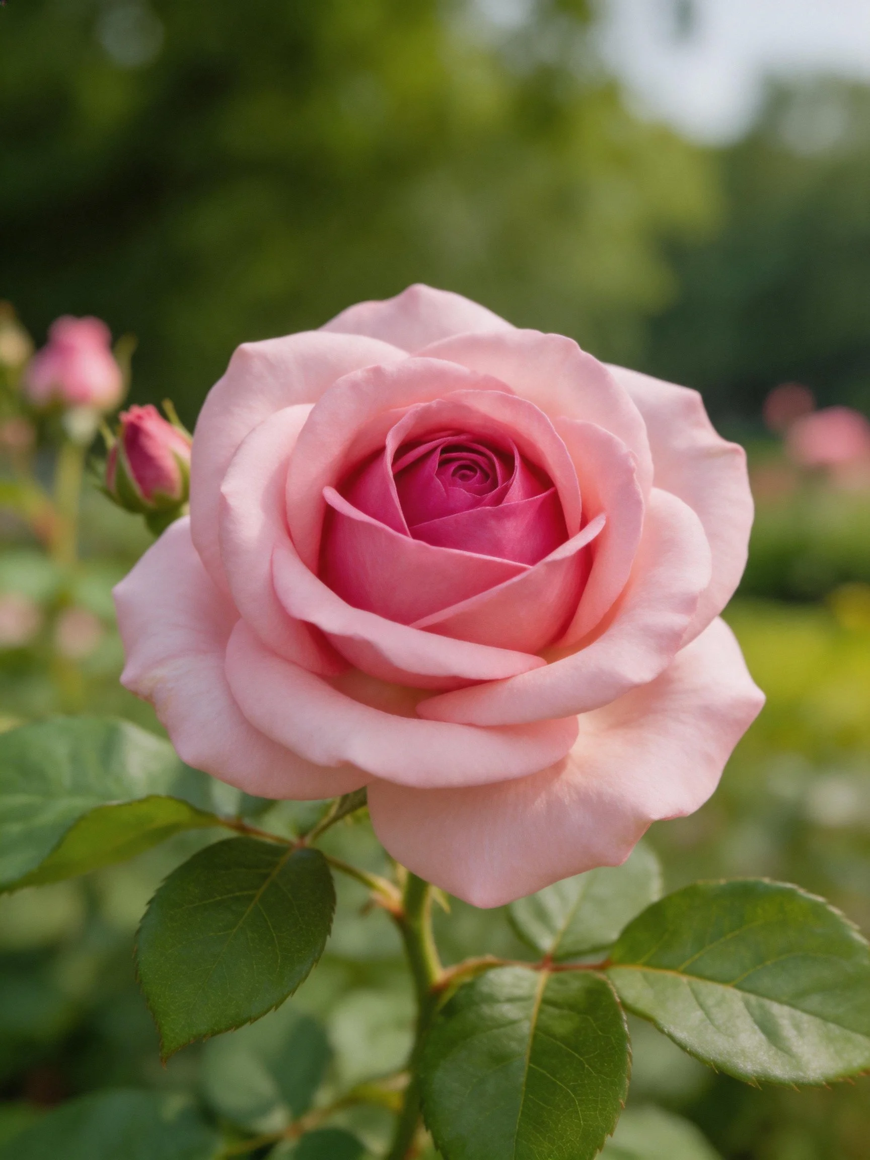 A fully bloomed pink rose with green leaves and buds
