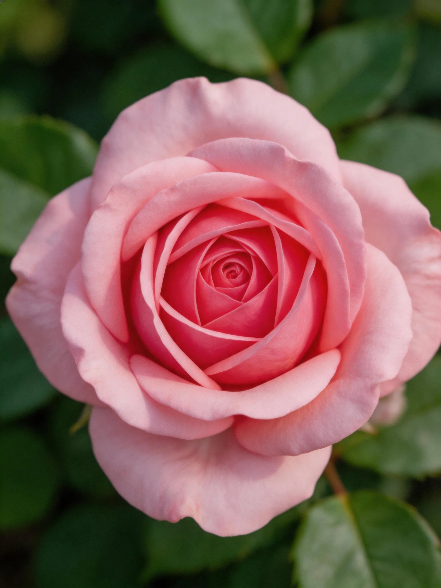 A fully bloomed pink rose with layered petals and green foliage